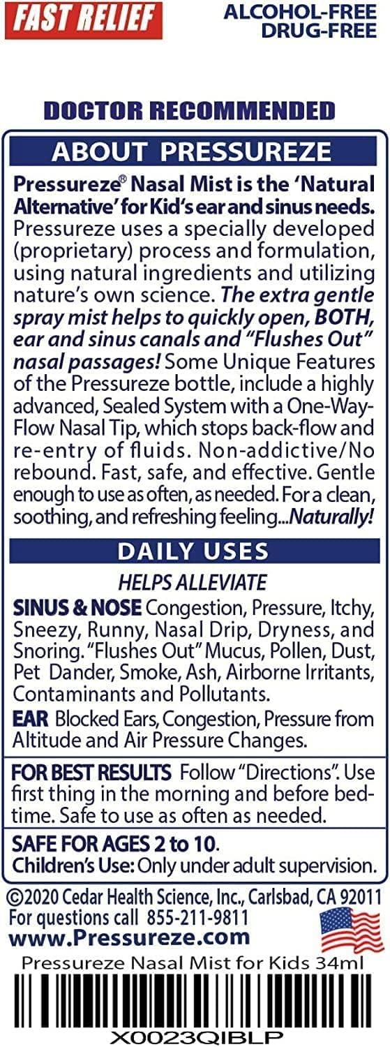 Pressureze All Natural PreservativeFree Sterile Nasal Spray for Children for Sinus Allergy
