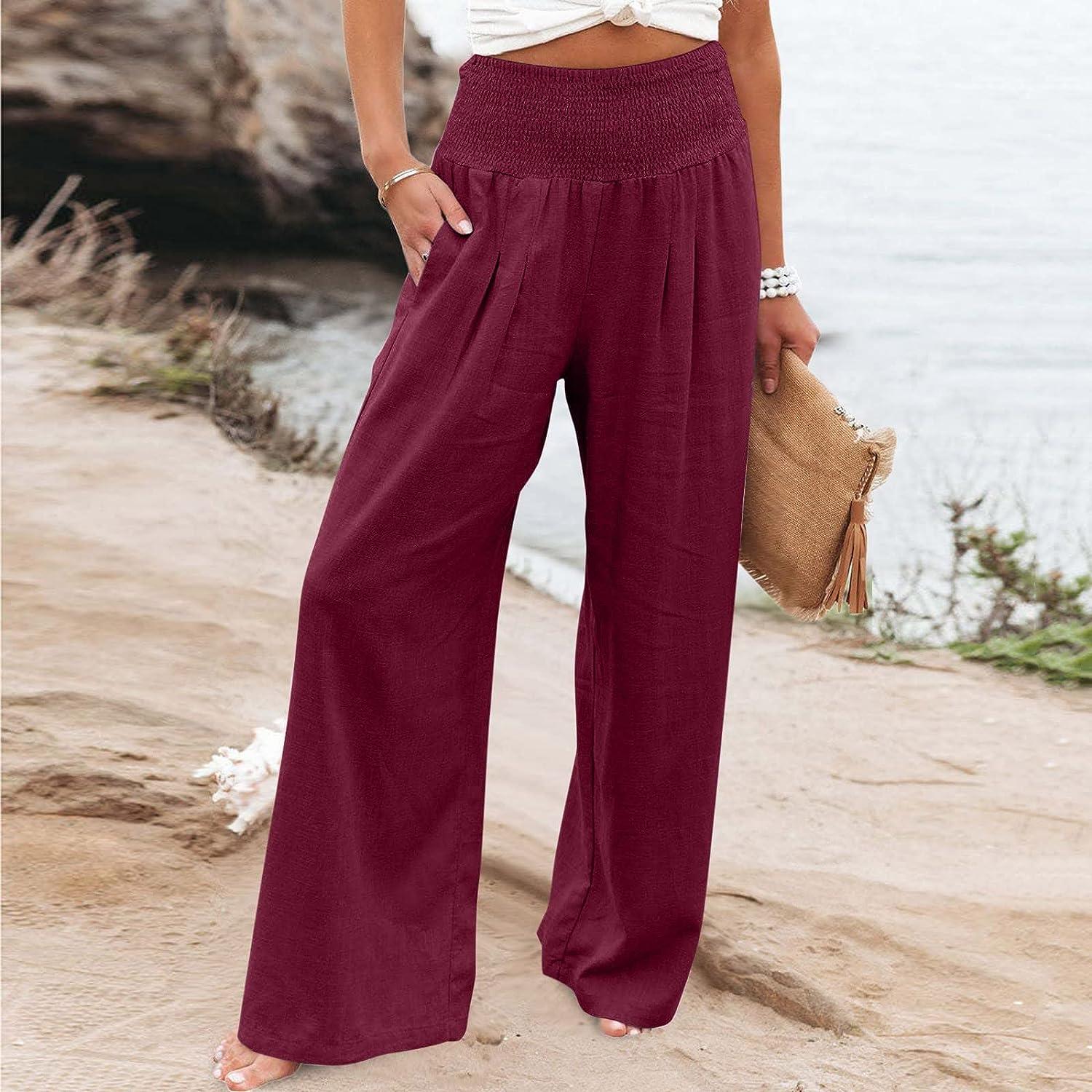 Flowy Beach Pants for Women high Waisted Summer Palazzo Pants Lounge  Trousers Cotton Linen Wide Leg Pants with Pockets Small A3-wine