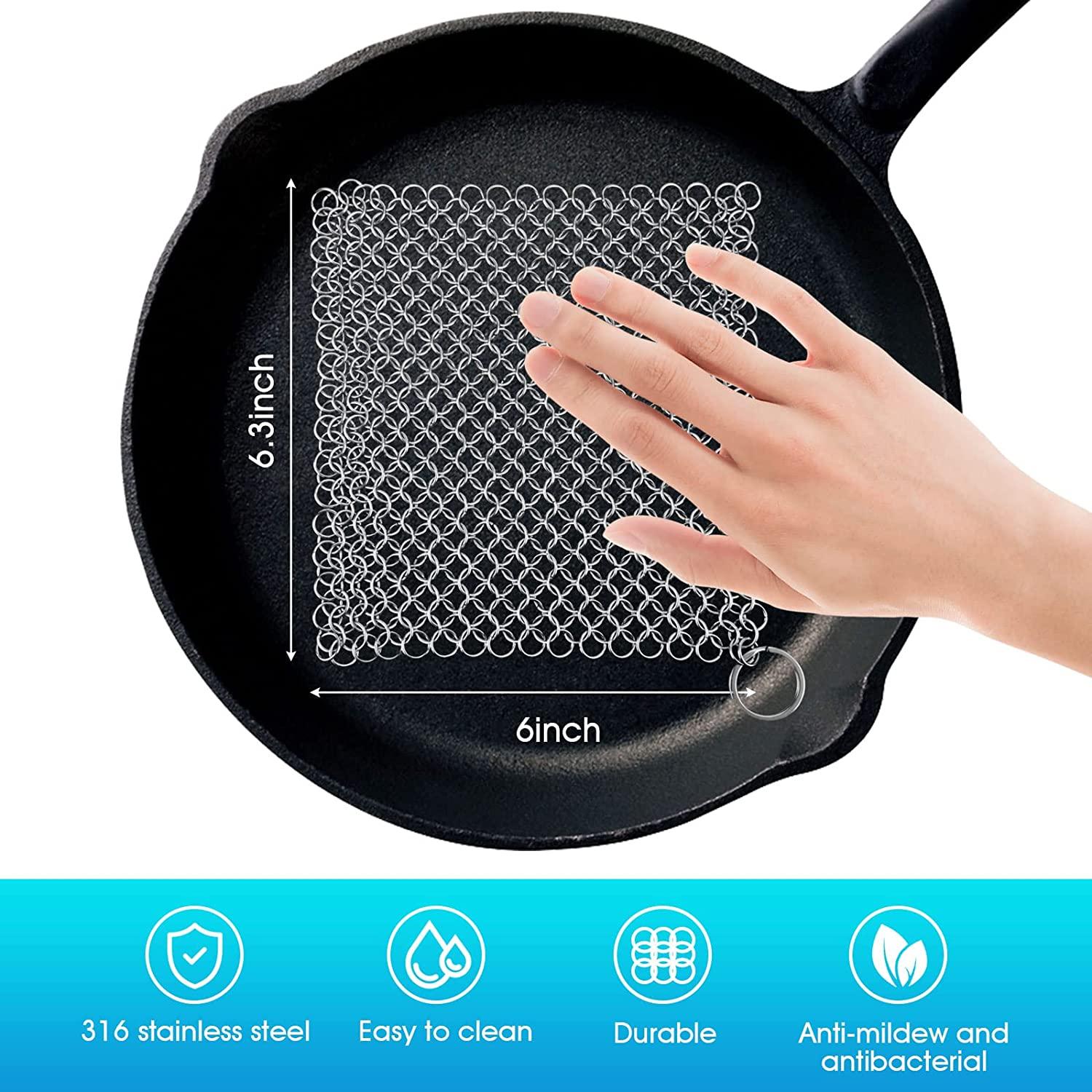 BOTEFEI Cast Iron Cleaner 6 x 6.3 Premium 316L Stainless Steel Chainmail Scrubber for Skillet, Wok, Pot, Pan; Pre-Seasoned Pan Dutch Ovens Waffle