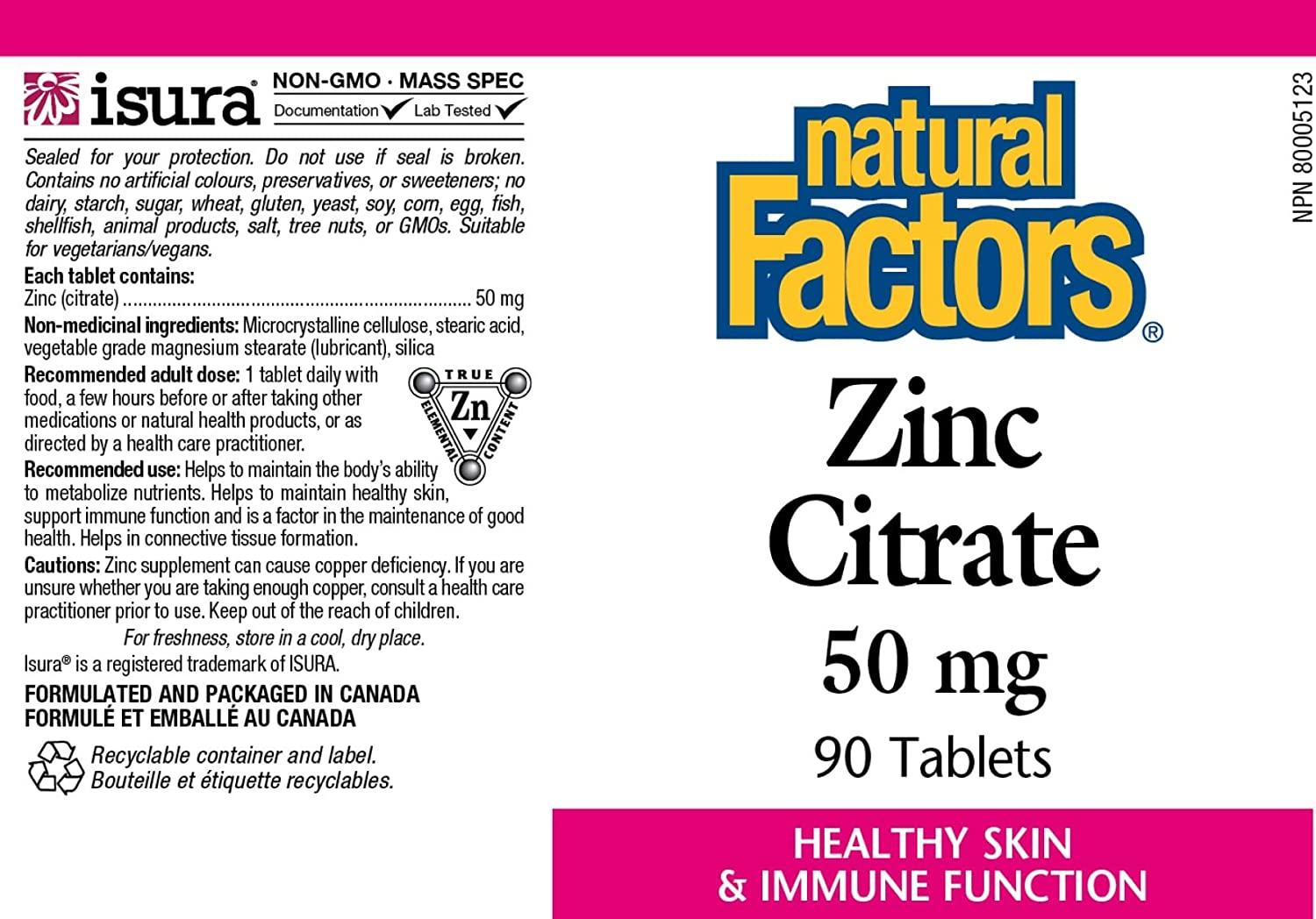 Natural Factors Zinc Citrate 50mg 90 Tablets Immune Support