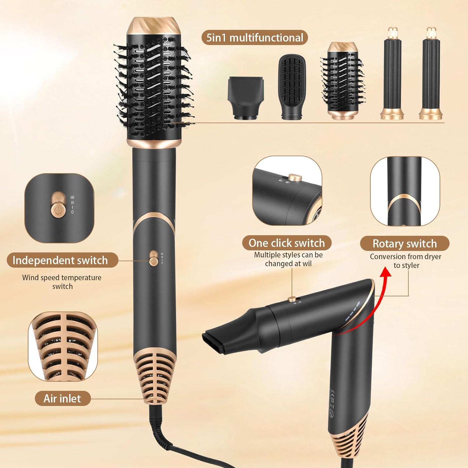 Airbrush 5 En 1 Air Styler, Air Brush 5 En 1 Avec Seche Cheveux, Brosse