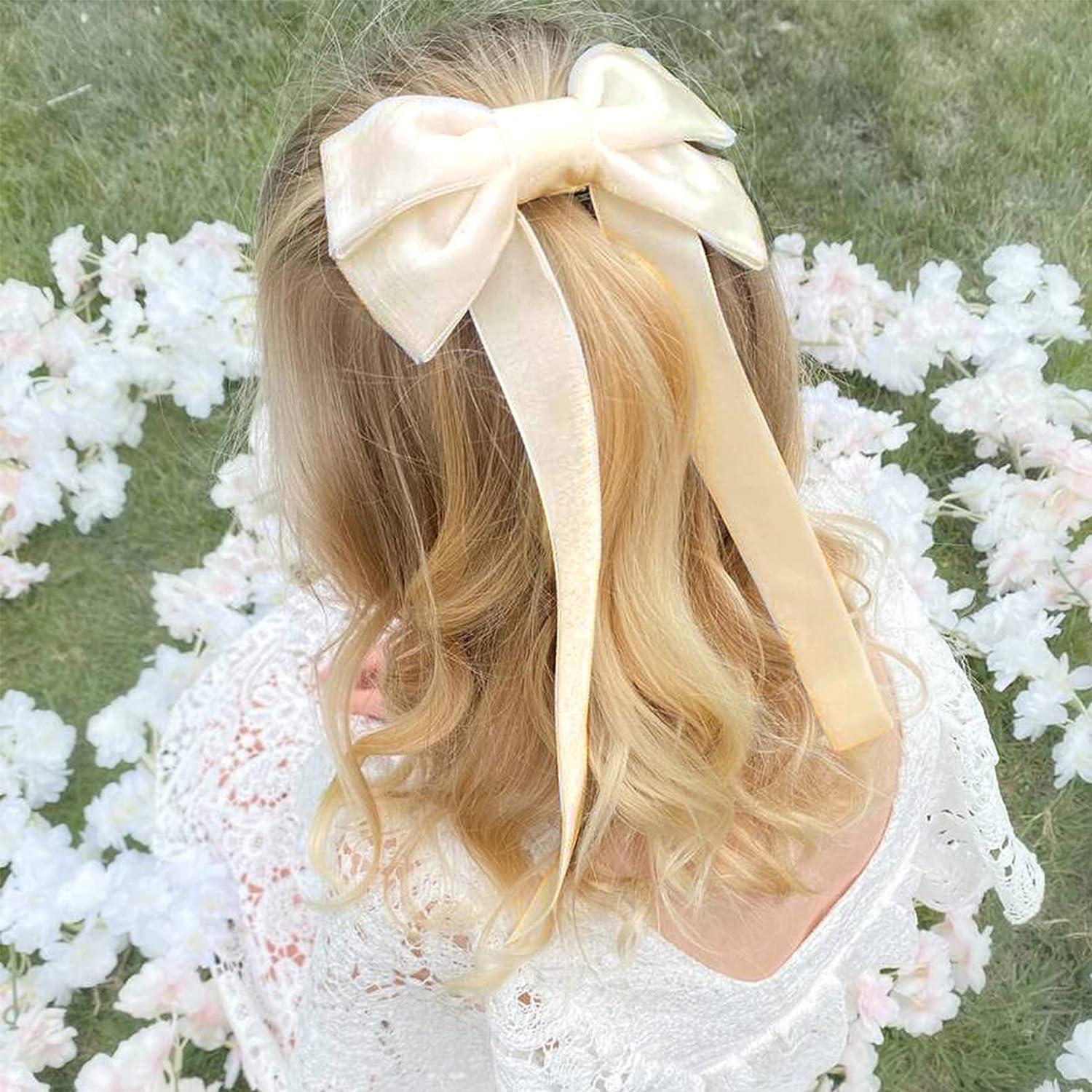 2PCS Velvet White Hair Bows Girls Hair Ribbon Elastics Hair Tie Long  Ponytail Holder Hair Bow Bands Rope Accessories for Toddlers Kids Baby Women