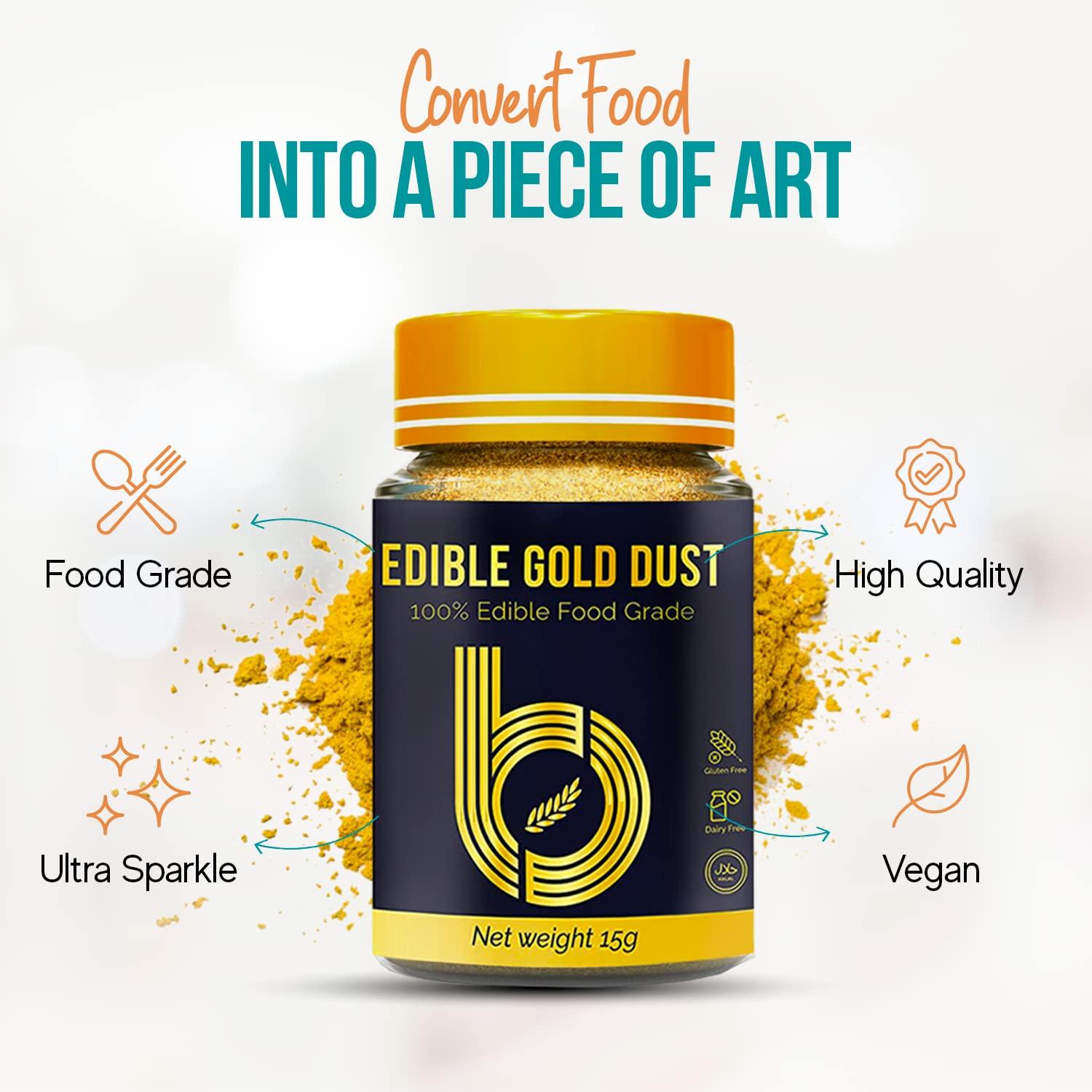 Edible gold dust -A Perfect edible gold dust for cake decorating - gold  luster dust for cakes - gold luster dust edible - Tasteless Glittery & gold  edible spray paint 15 grams