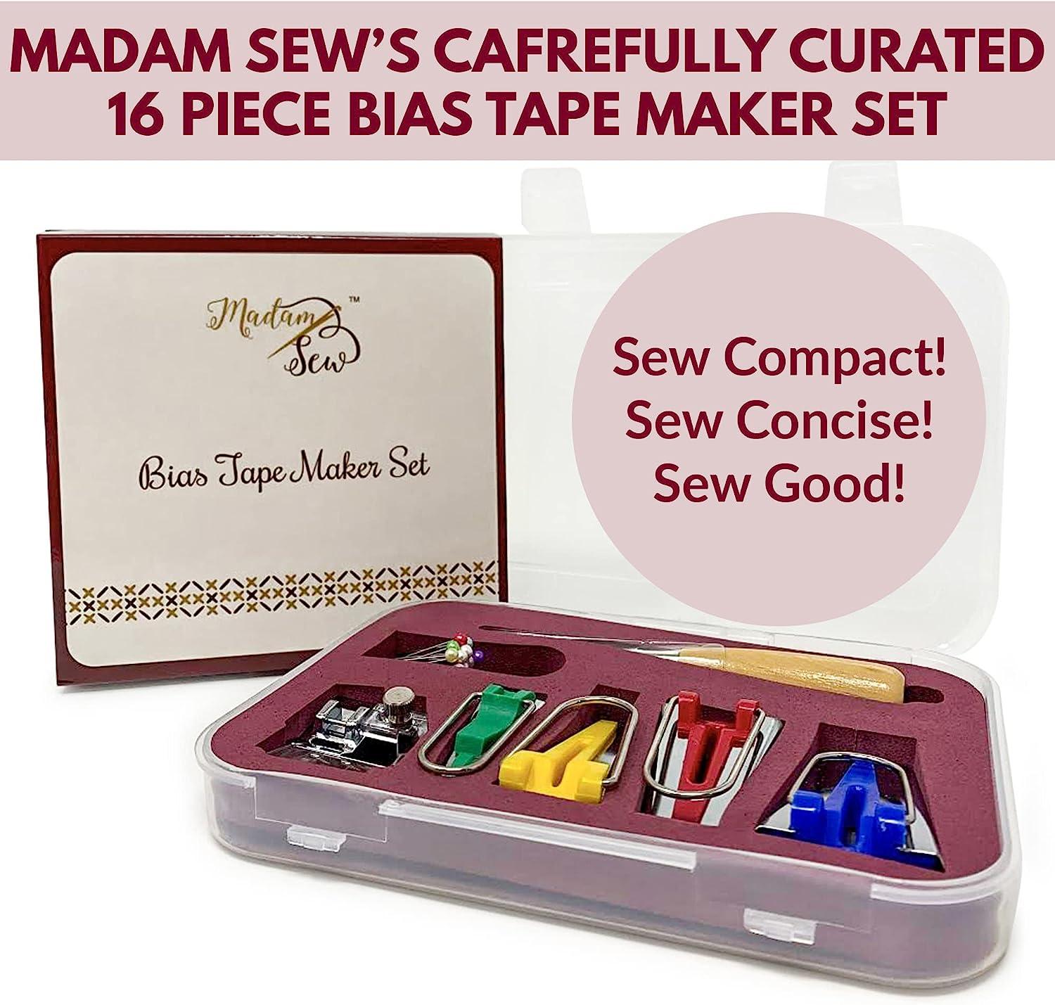 Madam Sew Bias Tape Maker Kit Adjustable Binding Presser Foot, 4 Bias Tape  Makers, Quilt Awl and 10 Bead Head Pins Compatible with Brother, Janome and  Low Shank Sewing and Quilting Machines