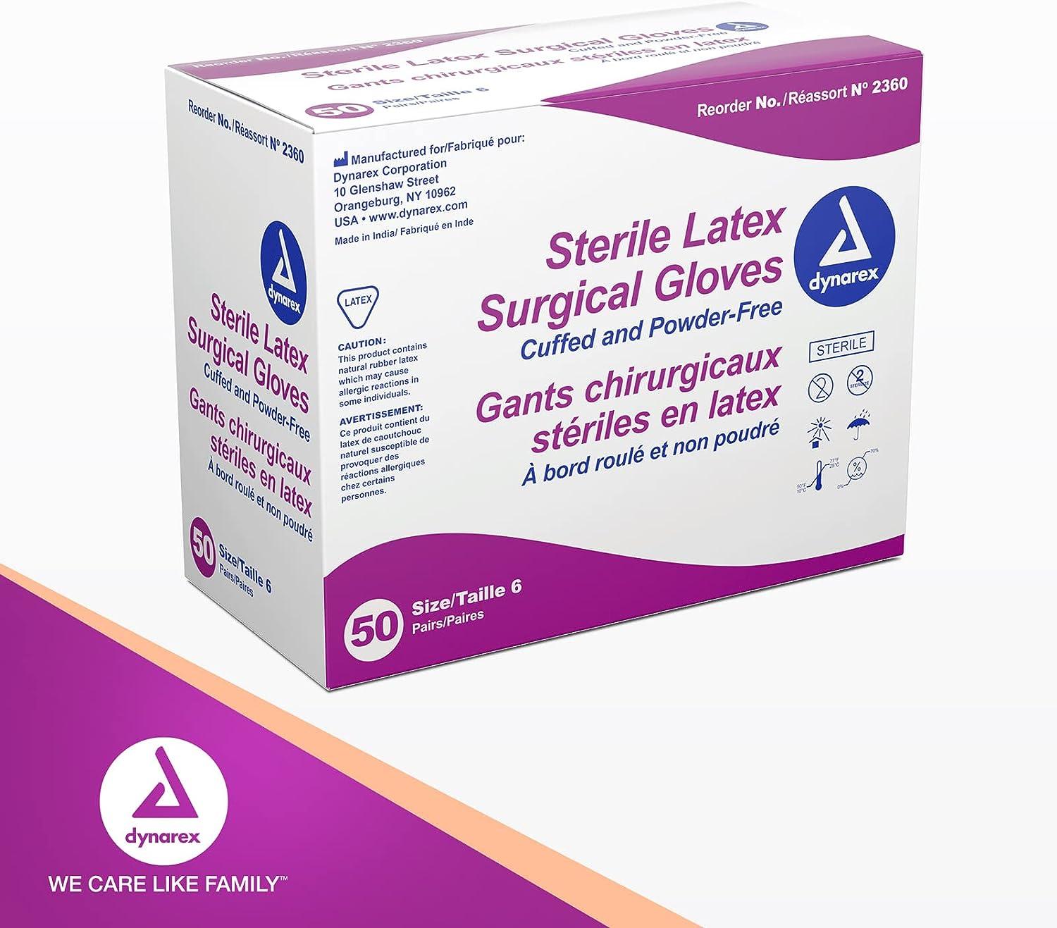 Dynarex Sterile Disposable Latex Surgical Gloves PowderFree, Size 6.