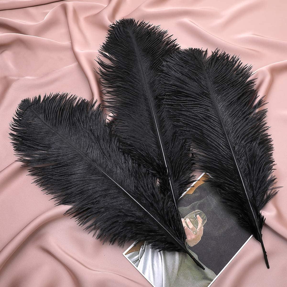 Topshopicks Pack of 24 Natural Black Ostrich Feathers Bulk 10-12 Inches  with 24 Sticks of 10 Inch and Tape for DIY Decorations, Wedding Party