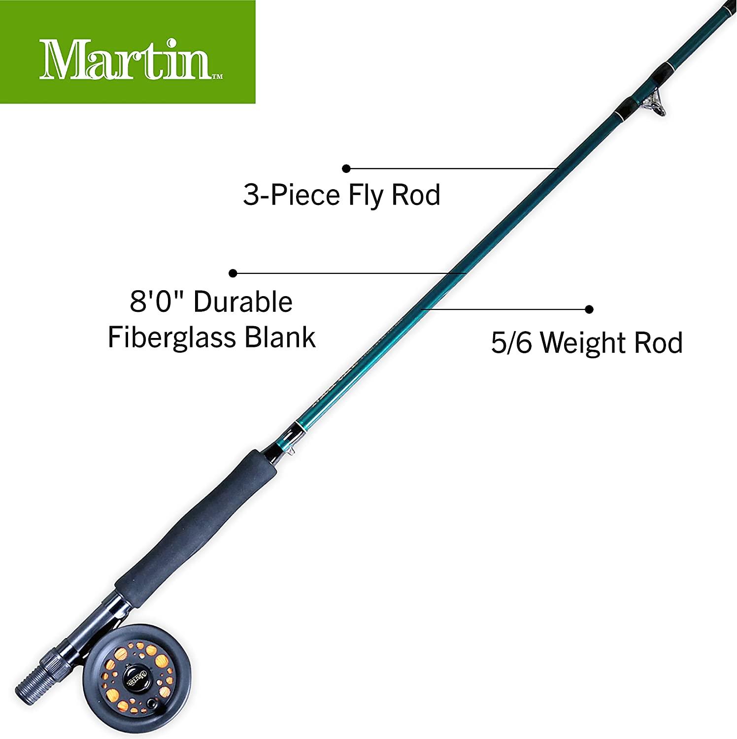 Martin Complete Fly Fishing Kit, 8-Foot 5/6-Weight 3-Piece Fly Fishing Pole,  Size 5/6 Rim-Control Reel, Pre-spooled with Backing, Line and Leader, Includes  Custom Fly Tackle Assortment, Brown/Green