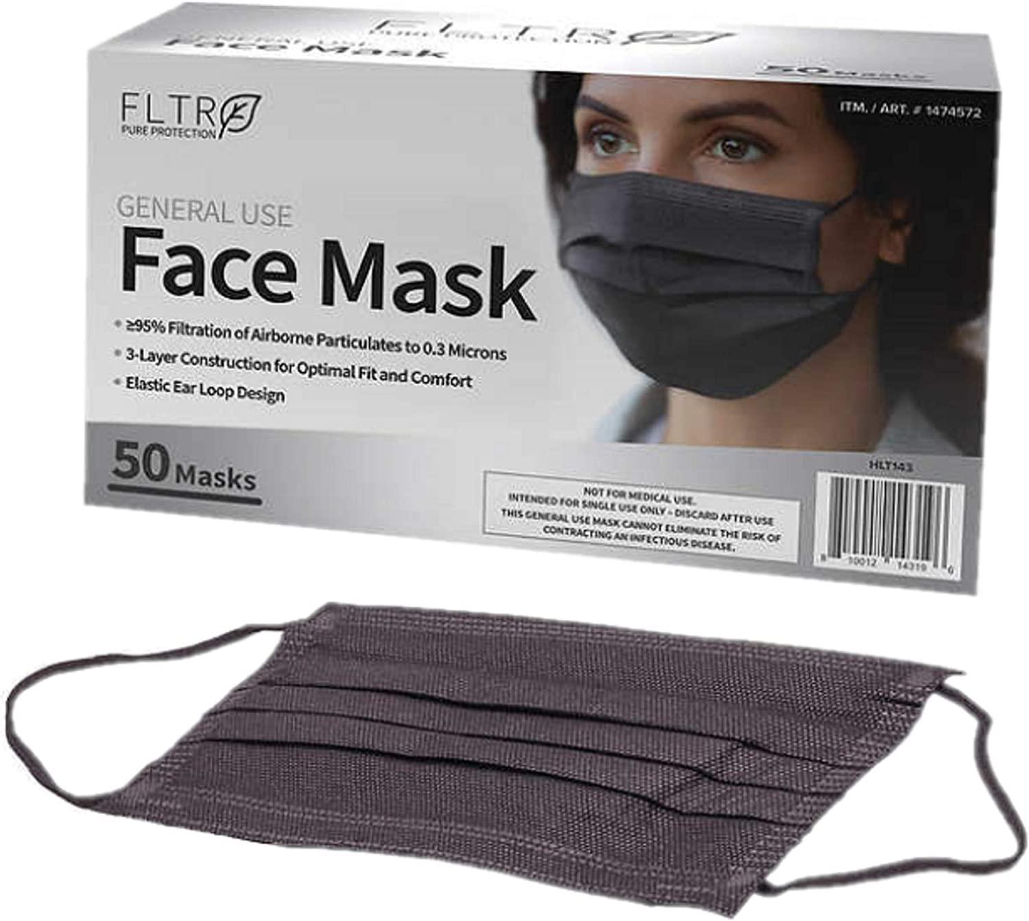 FLTR General Use Face Mask, 50 Disposable Masks (50, Black) 50 Black
