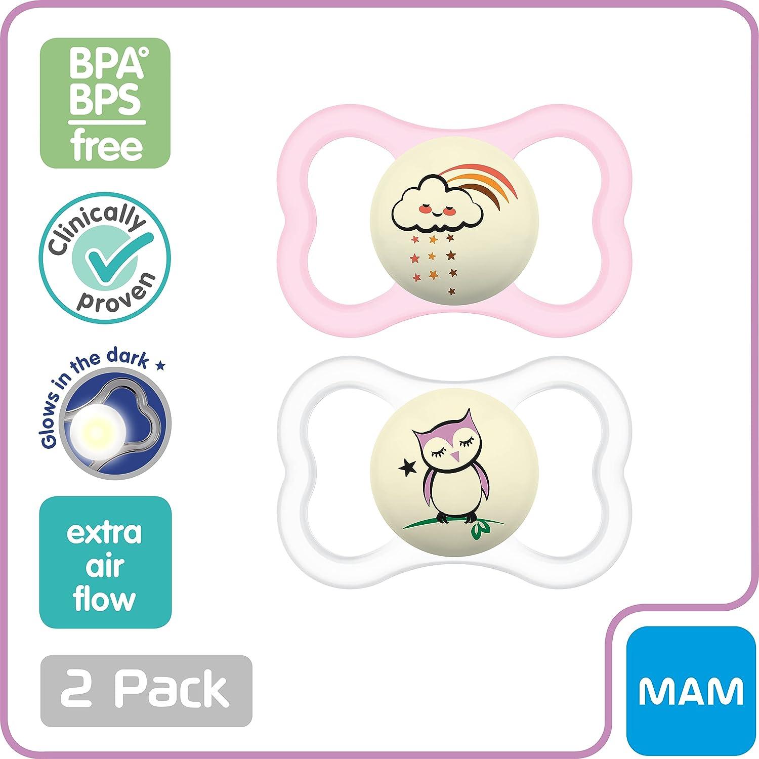 MAM Perfect Night Baby Pacifier, Patented Nipple, Glows in the Dark, 0-6  Months, Boy, 2 Count (Pack of 1)