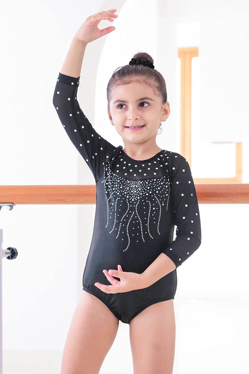 BAOHULU Gymnastics Leotards for Girls Glitter Dancewear with Matching  Shorts Set 9-10 Years Black 3/4 Sleeve Set