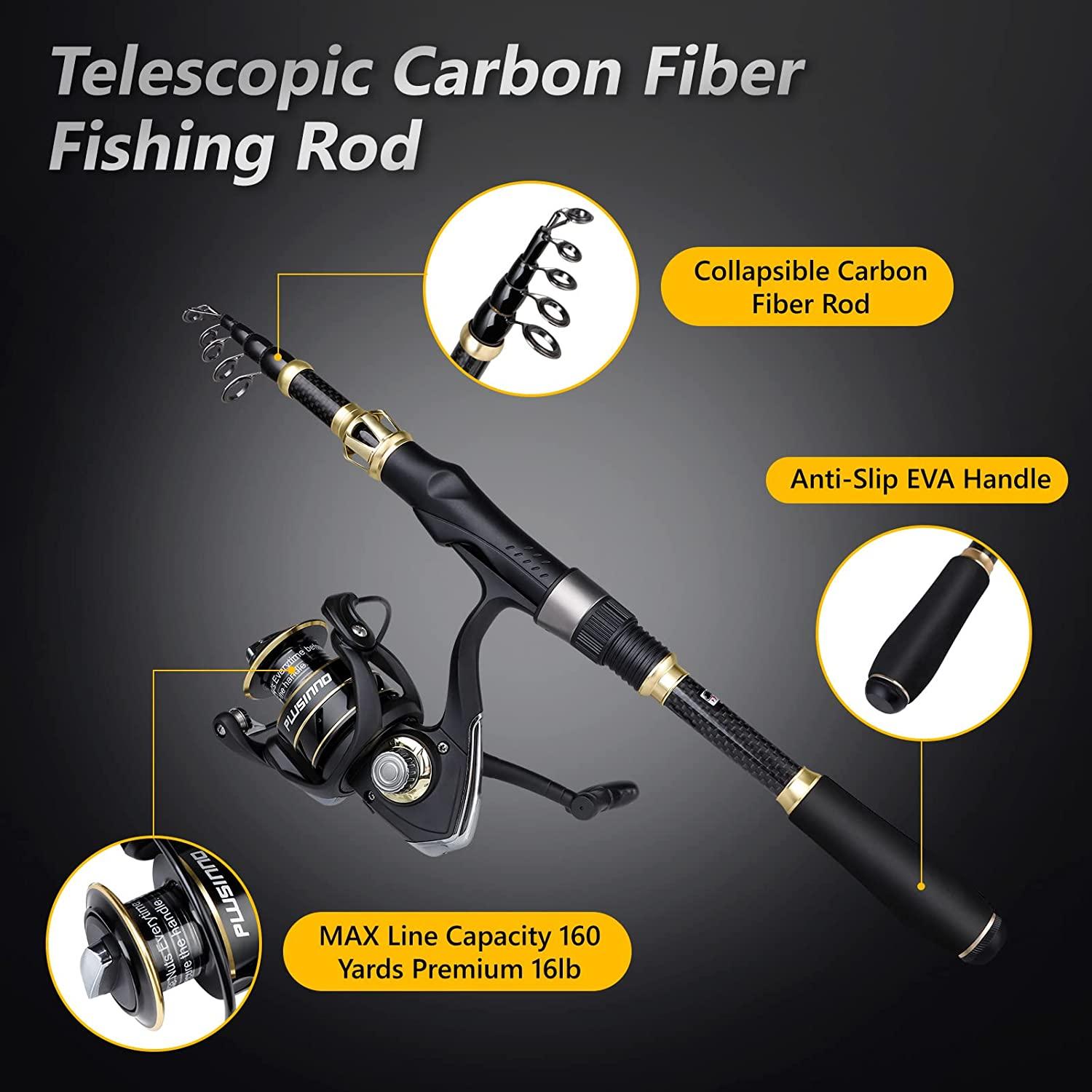 PLUSINNO Fishing Pole Fishing Rod and Reel Combos Carbon Fiber Telescopic  Fishing Rod with Reel Combo Sea Saltwater Freshwater Kit Full Kit with  Carrier Case 2.4m 7.87FT