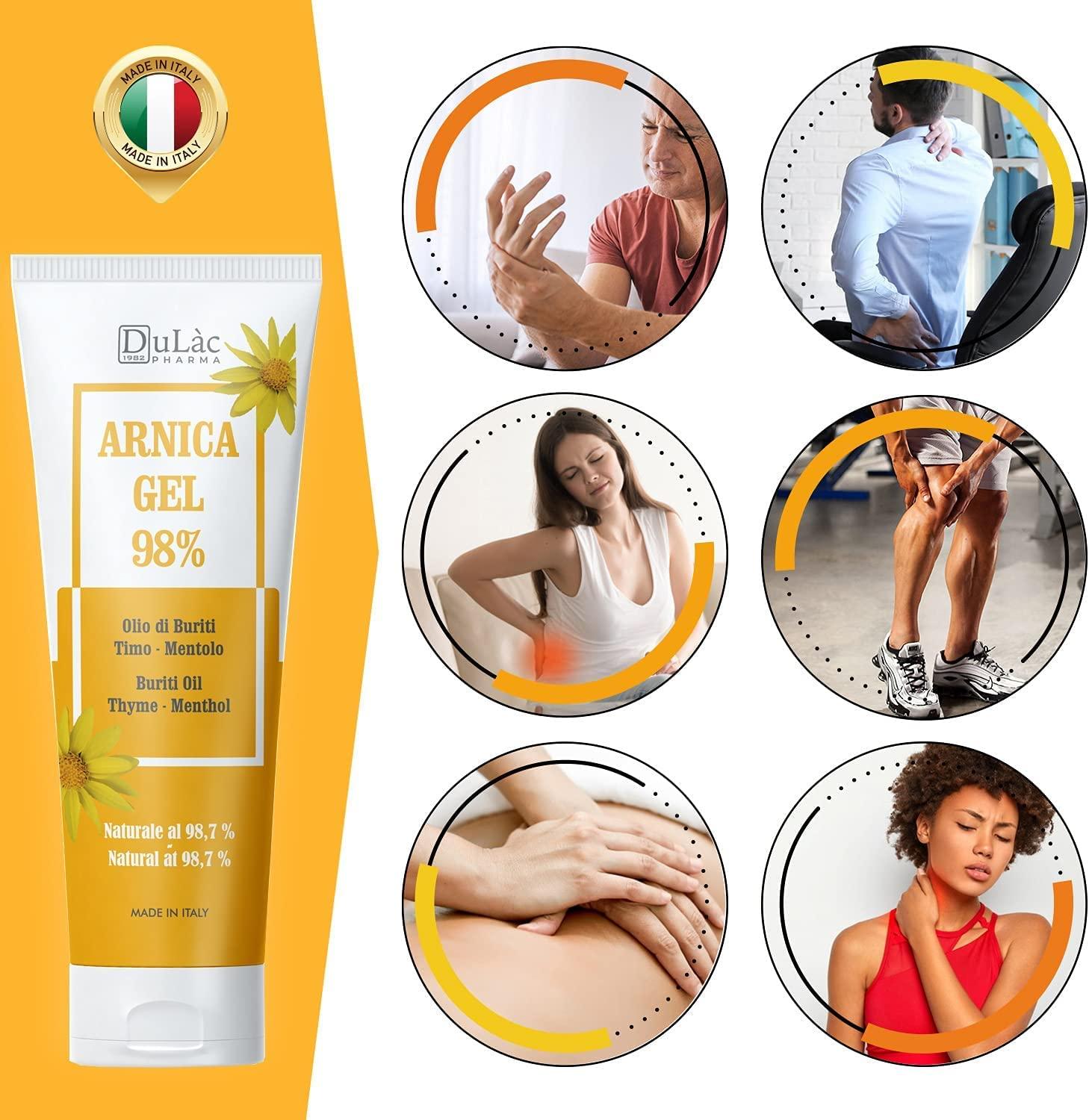 Arnica Gel for Bruising and Swelling Maximum Strength (98%) 3.38 Fl Oz for  Muscle and Joint Relief, Cool Effect and Natural Formula, Dermatologically  Tested - Dulàc Made in Italy 3.38 Fl Oz (Pack of 1)
