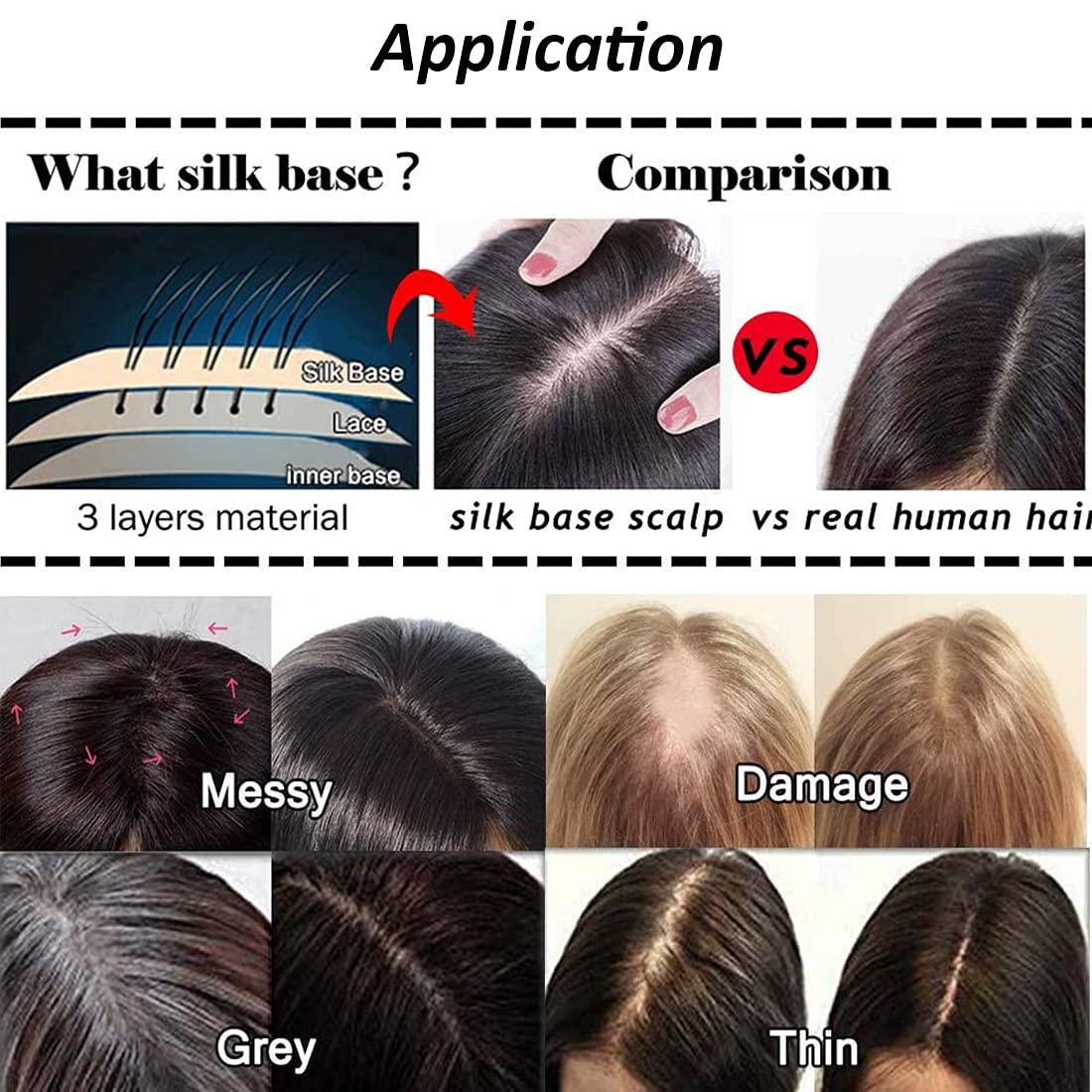 S-noilite Silk Base Topper Hair Piece Topper Human Hair for Women 130%  Density Balayage Clip in Top Hair Middle Part Top Hair for Thinning Hair  33g 10