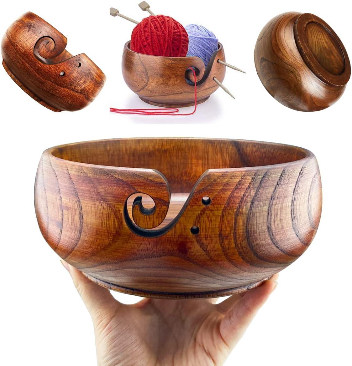 Wooden Yarn Bowl with Holes Holder 7.87''3''Rosewood Handmade Craft  Knitting Bowl Storage Knitting and Crocheting Accessories Kit Organizer,  Perfect for Mother's Day and Christmas Gift X-Large