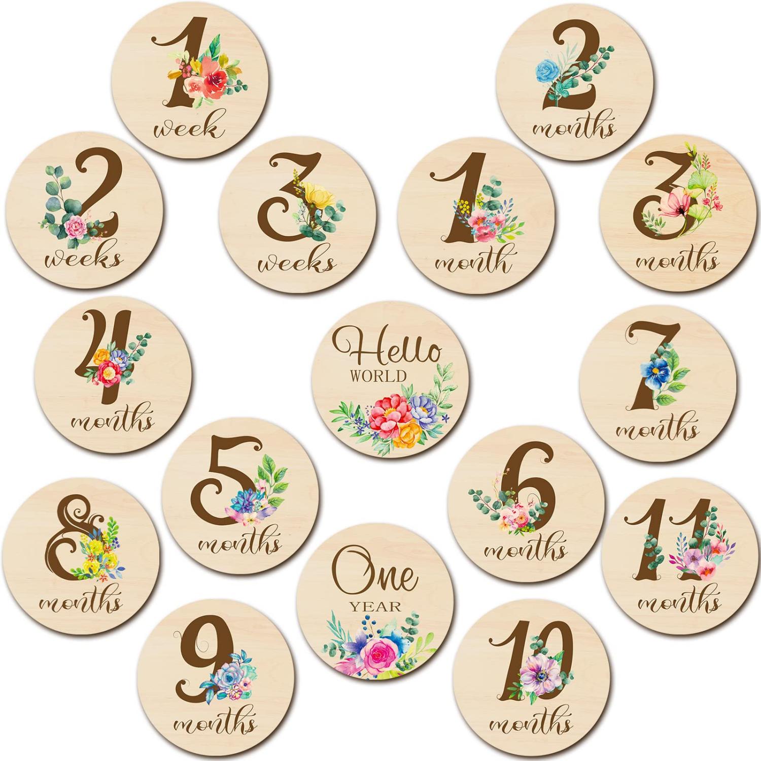 16 Pieces Wooden Baby Monthly Milestone Cards Floral Baby Monthly
