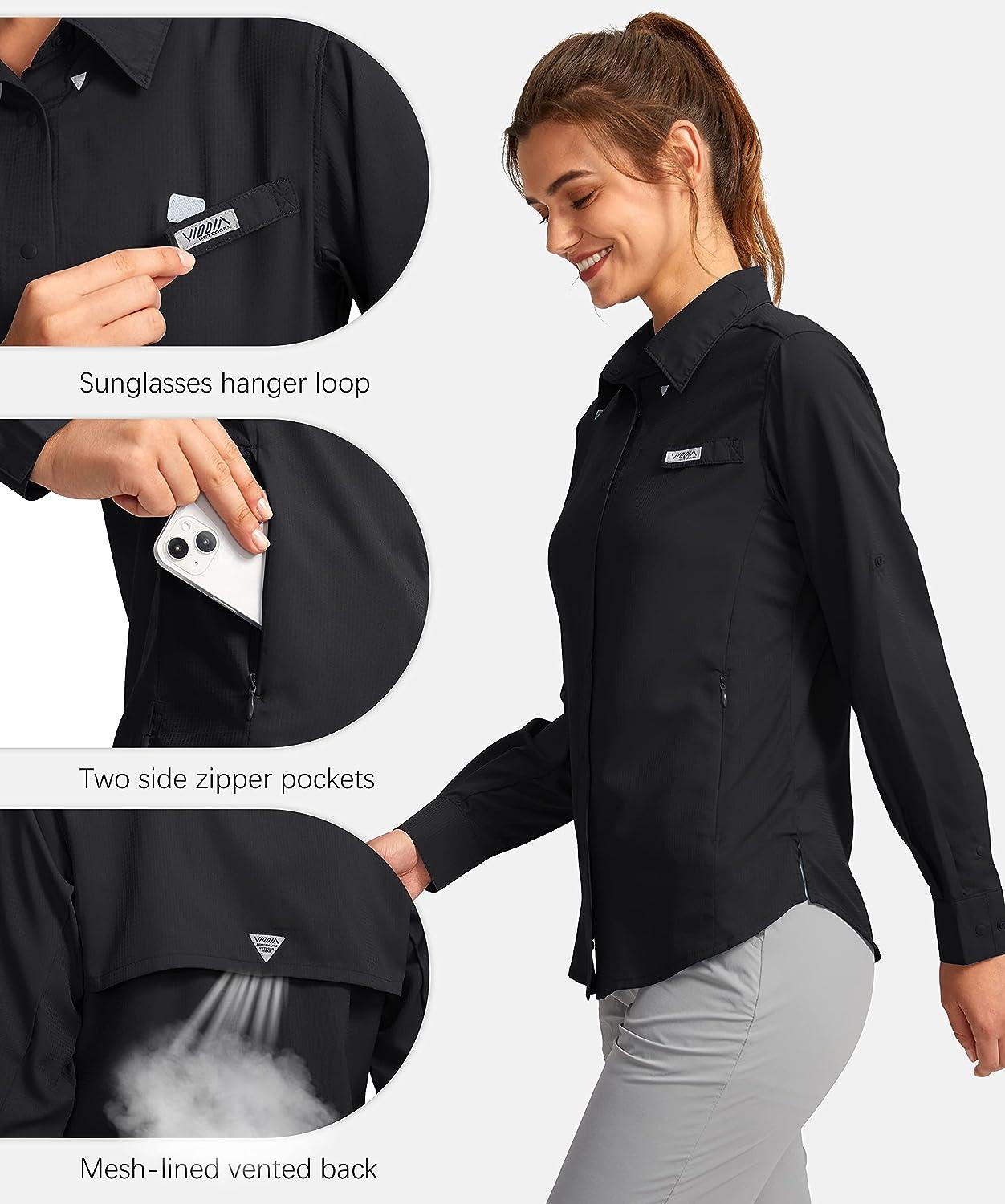 Womens Sun Protection Fishing Shirt with Zipper Pockets Lightweight SPF  Long Sleeve Shirts for Hiking Safari Large Black