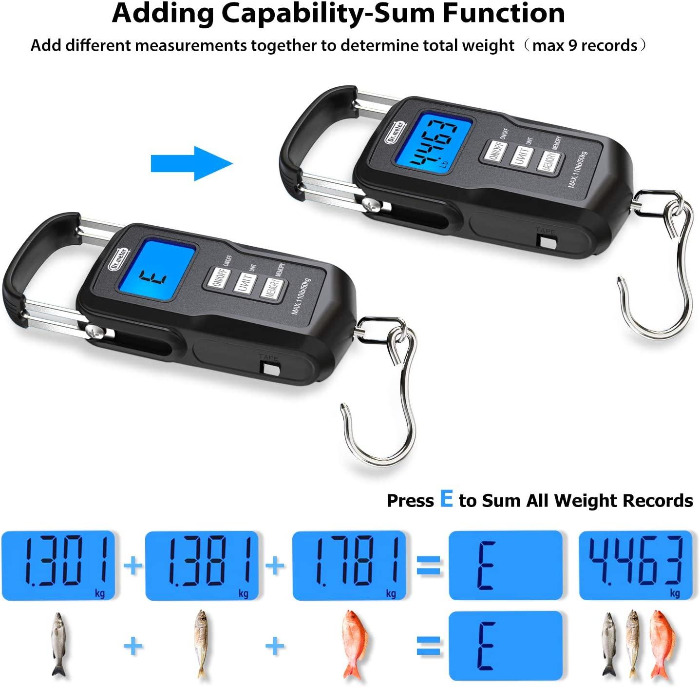 UpgradedFS01 Fishing Scale, Dr.meter 110lb/50kg Digital Hanging Scale with  Storage Function and Numerical Comparison, Backlit LCD Display, Measuring  Tape and 2 AAA Batteries Included
