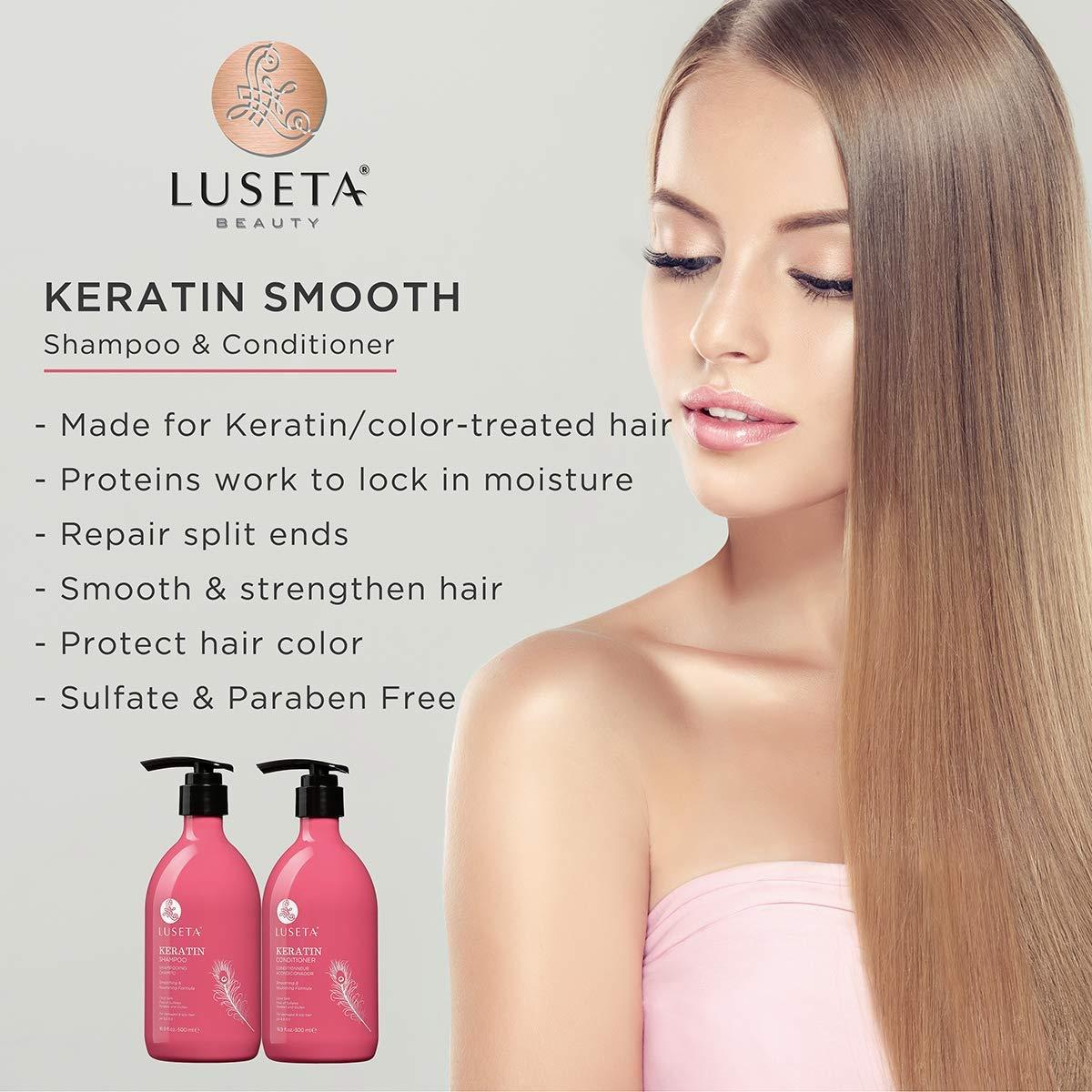 Luseta Keratin Shampoo and Conditioner for Color Treated Damaged & Dry Hair,  Keratin Hair Treatment for Smoothing & Nourishing, Free of Sulfates,  Paraben and Gluten 2 X 16.9Oz Keratin Smooth 16.9 Fl