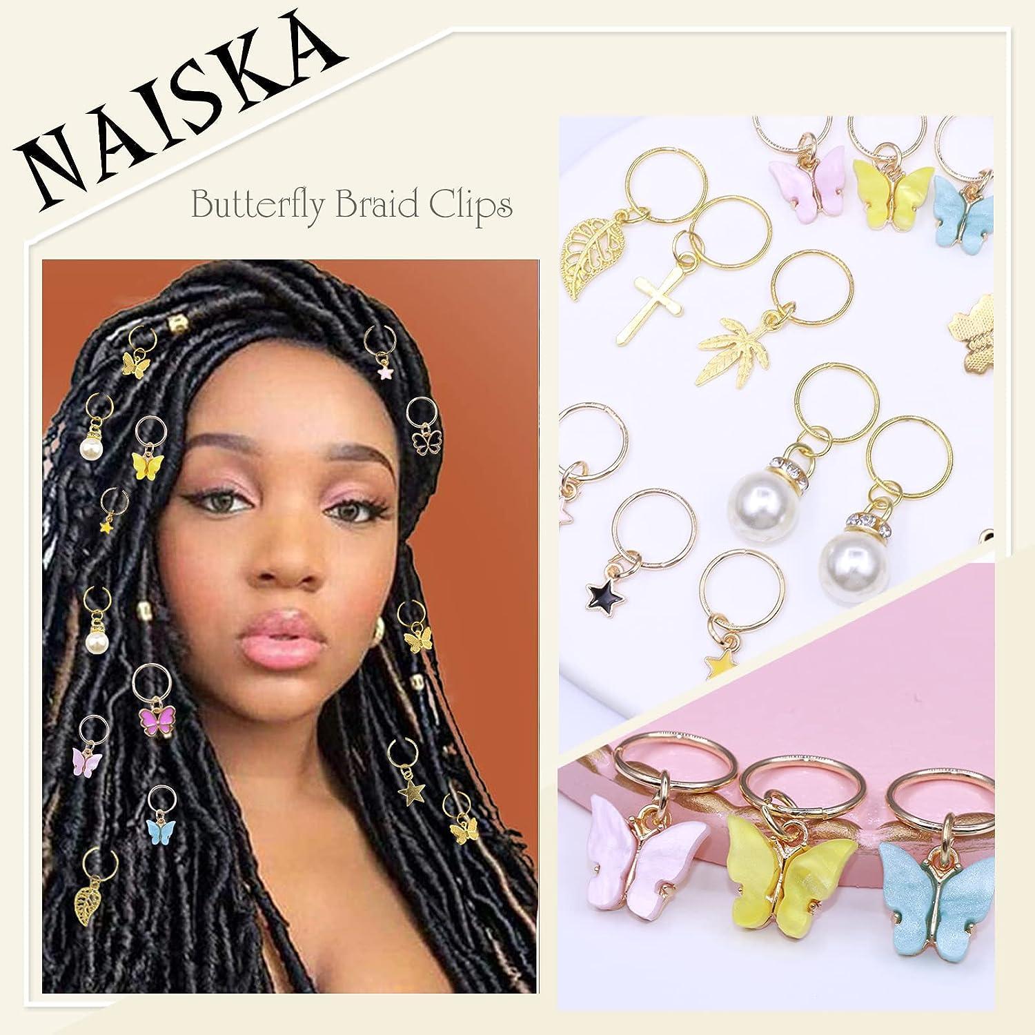 NAISKA 20Pcs Gold Butterfly Hair Braid Dreadlock Star Pearl Braid Clips  Accessories Colorful Butterflies Pendant Charms Pearl Shiny Hair Accessories  Clips Cuffs Rings African Beads Dreadlock Charms Jewelry Gifts for Wome