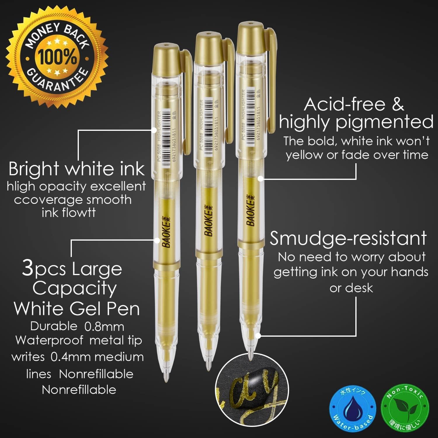 Qionew Gold Gel Pens 3 Pack 1mm Extra Fine Point Pens Gel Ink Pens Opaque  White Archival Ink Pens for Black Paper Drawing Sketching Illustration Card  Making Bullet Journaling