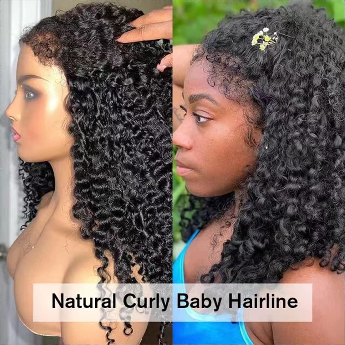 yuccy 4C Realistic Hairline 13X4 Deep Wave Lace Front Human Hair Wigs deep  wave Hair Kinky Edges Curly Baby Hair Brazilian Hair Frontal Wig Glueless  250% Density (18inch) 18 Inch 4C curly wig
