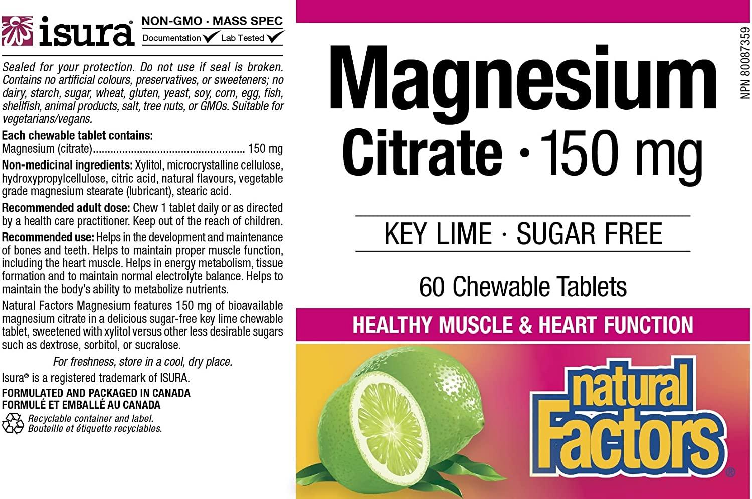 Natural Factors Magnesium Citrate Key Lime 150 mg 60 Chewable Tablets
