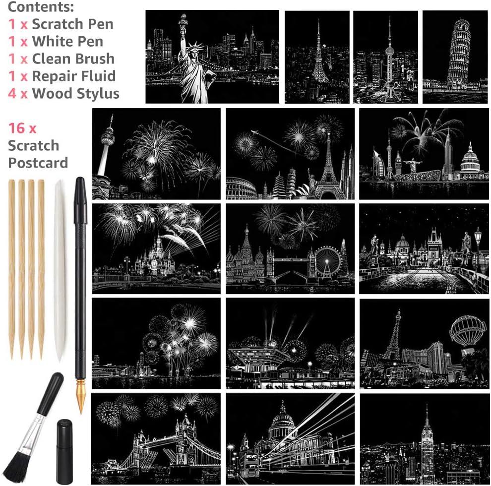 Scratch Art Rainbow Painting Paper, 4 Sheets (A4) Scratch Off Night View  with Tools DIY Scratchboard Crafts Womens Hobbies, Engraving Arts Adults