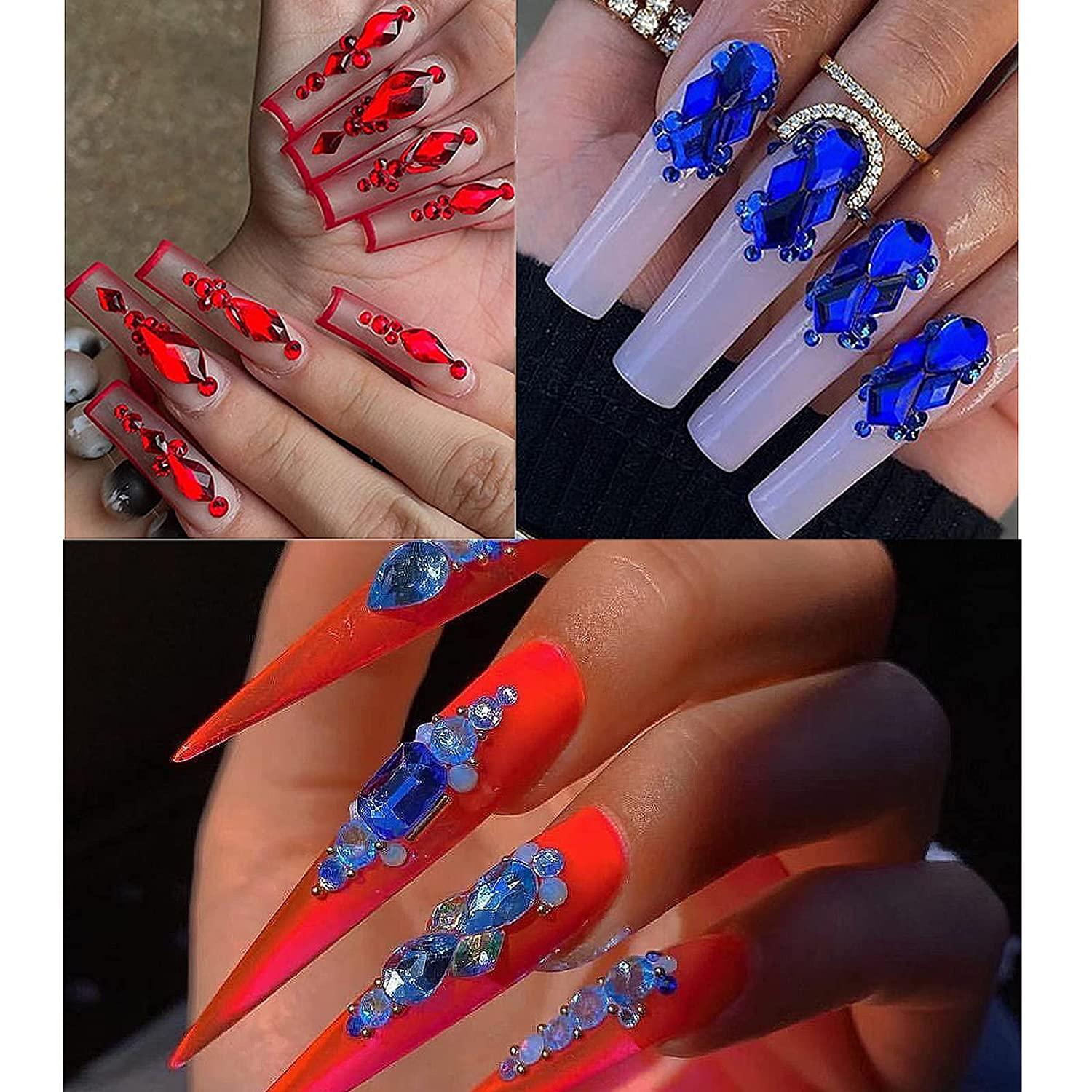 1560Pcs Red and Royal Blue Nail Crystals Rhinestones Flatback Glass Gems  Multi Sizes Shapes Colorful Blue Red Nail Rhinestones Crystals with Pen for