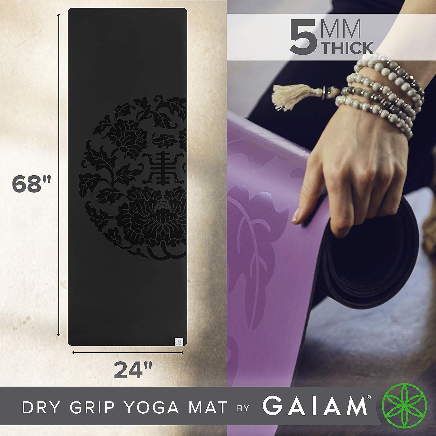 Gaiam Yoga Mat - Premium 5mm Dry-Grip Thick Non Slip Exercise & Fitness Mat  for Hot Yoga, Pilates & Floor Workouts (68 or 78L x 24 or 26W x 5mm)  Black