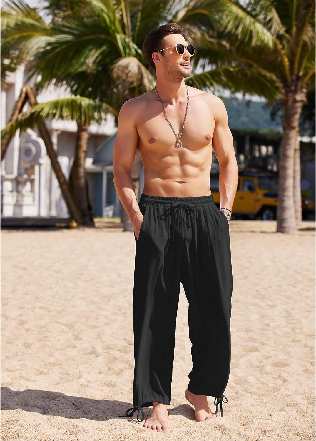 COOFANDY Men's Elastic Waist Linen Pants Beach Lightweight Pants
