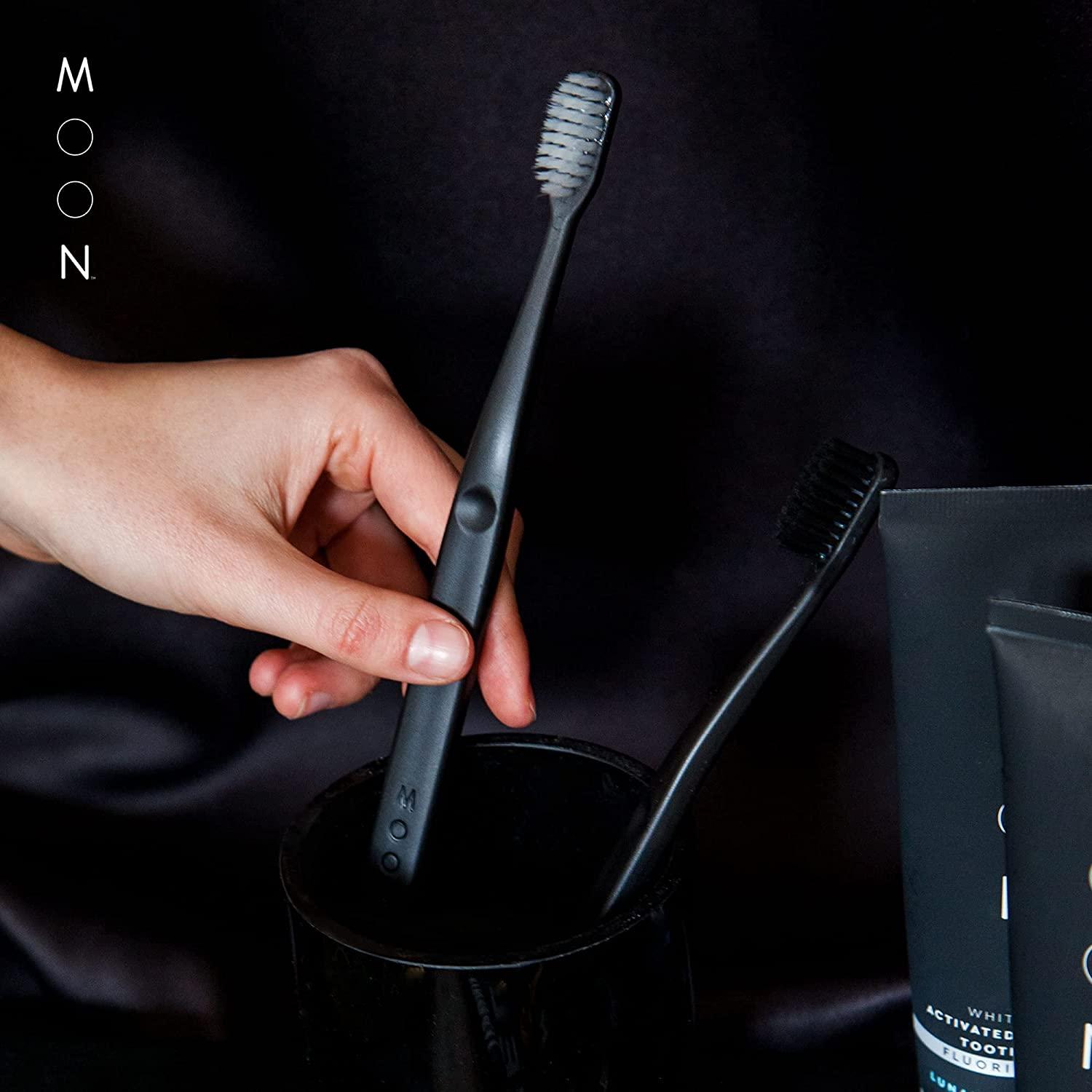 MOON Soft Bristle Toothbrushes White and Black Sleek Design (2 Pack)