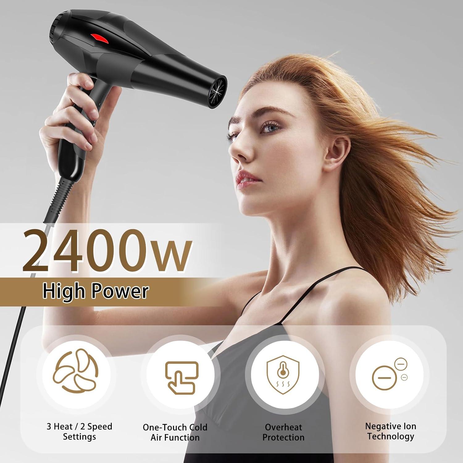Ionic Travel Hairdryer Foldable Hair Blow Dryer Professional 2400W Hair Dryer With Diffuser Nozzle Hairdryers For Women Men, Powerful Airflow Quick Drying & Easy To Carry, Grey/Purple - View #3