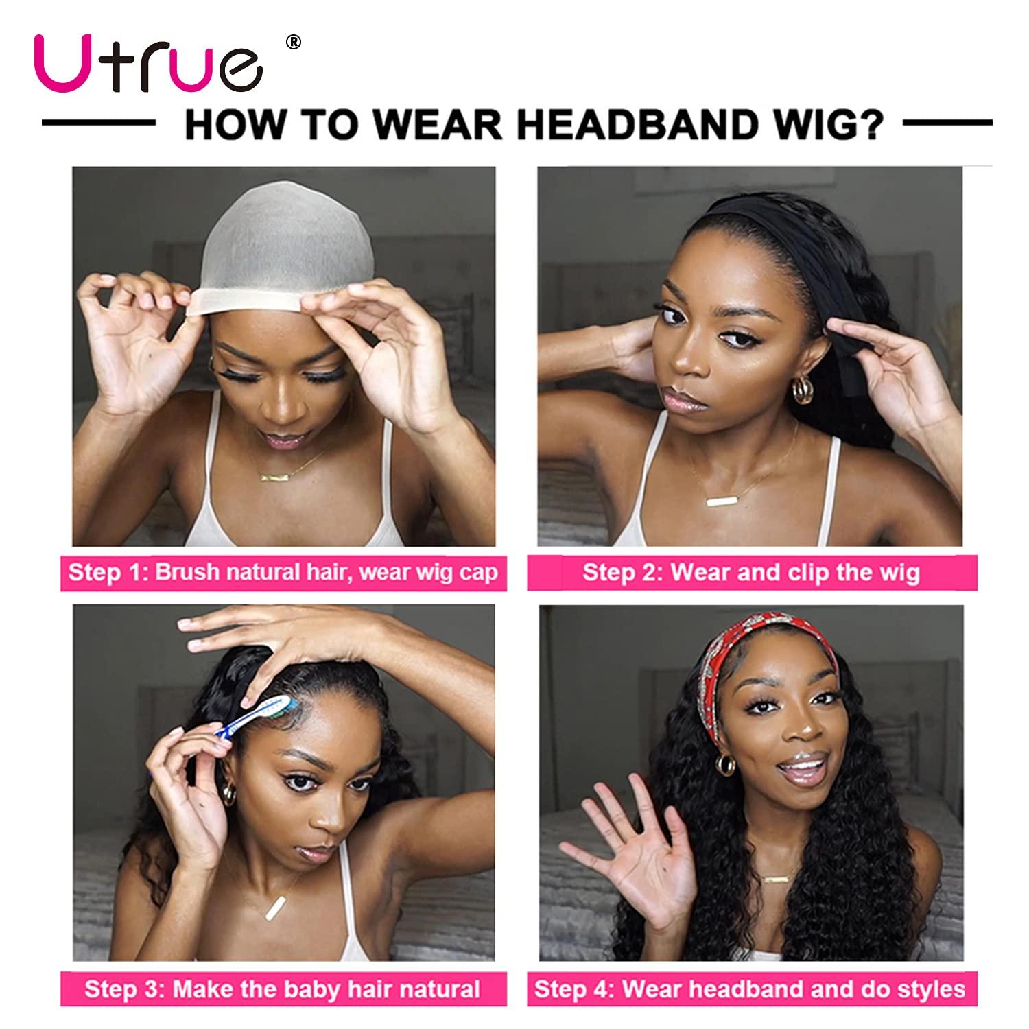 Headband Wigs Human Hair Straight Hair Wigs 18 inch Glueless Headbands Wigs  Brazilian Virgin Human Hair None Lace Front Wig Style Easy to Wear 130%  Density Form Utrue hair 18 Inch (Pack