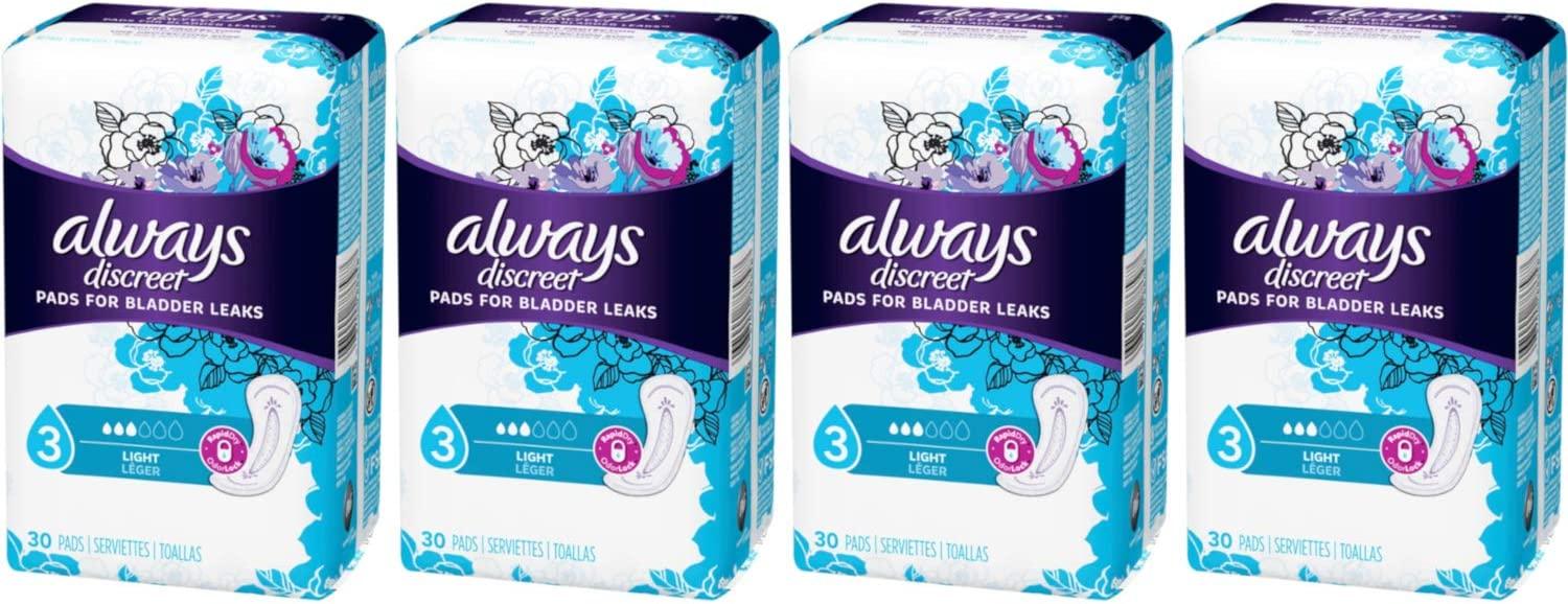 Always Discreet Incontinence Light Pads 3 Drops 4 Value Packs of 30