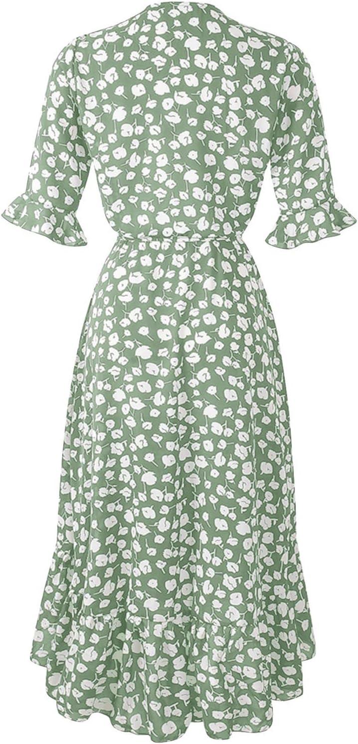 Women's Summer V Neck Dresses Short Sleeve Long Dresses Pleated High Waist Flowy Ruffle Hem Slit Sun Dress Loose Beach Dress Green XX-Large