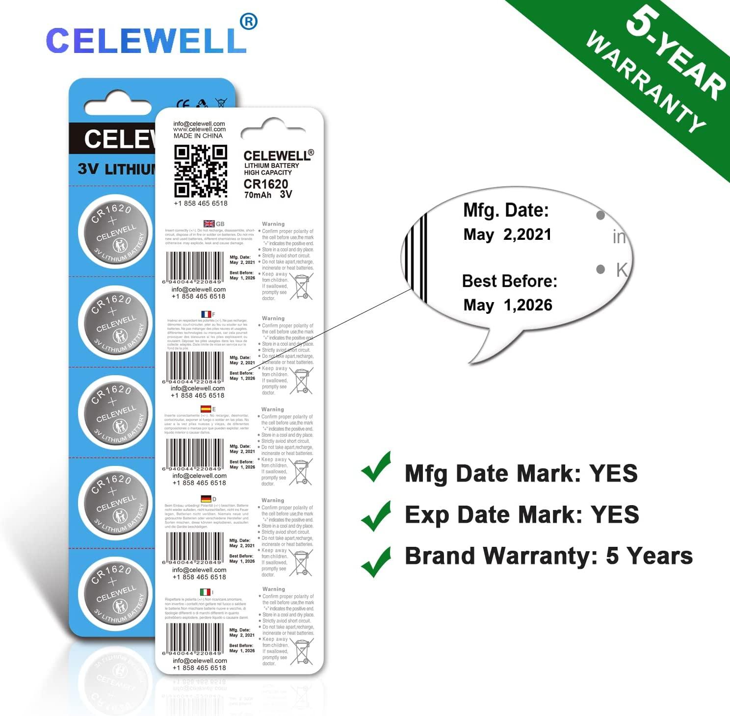CELEWELL CR1620 5 Pack CR 1620 Battery for Key Fob Tracker 70mAh 3V Lithium  Coin Cell 5-Year Warranty