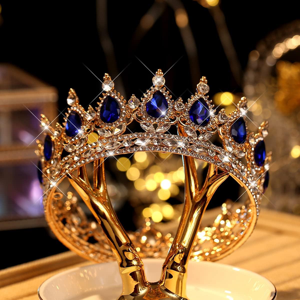 King Queen Blue Sapphire Tiara Diadem Bridal Crystal Crown Pageant Prom  Party