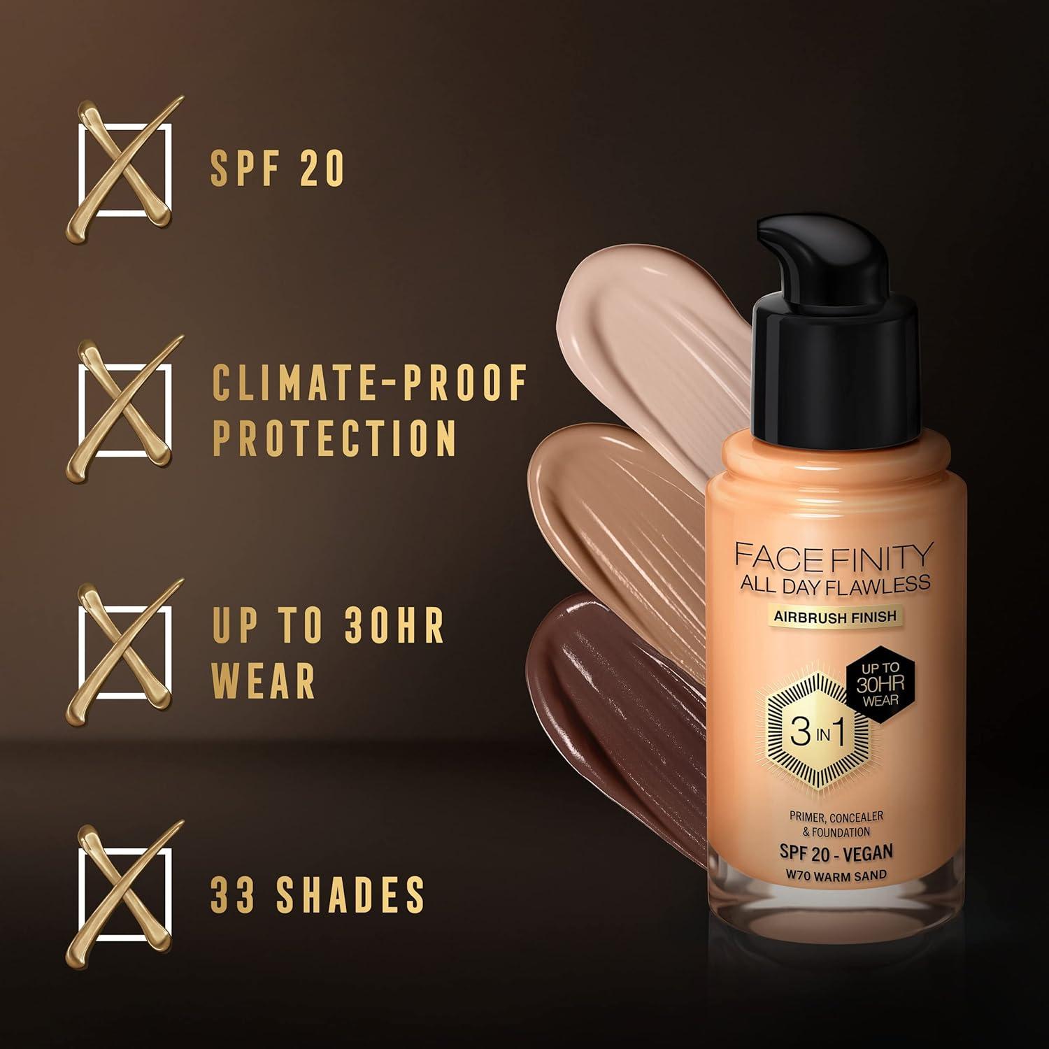 Max Factor Facefinity 3-in-1 All Day Flawless Liquid Foundation SPF 20 - 70  Warm Sand 30 ml Warm Sand 30 ml (Pack of 1)