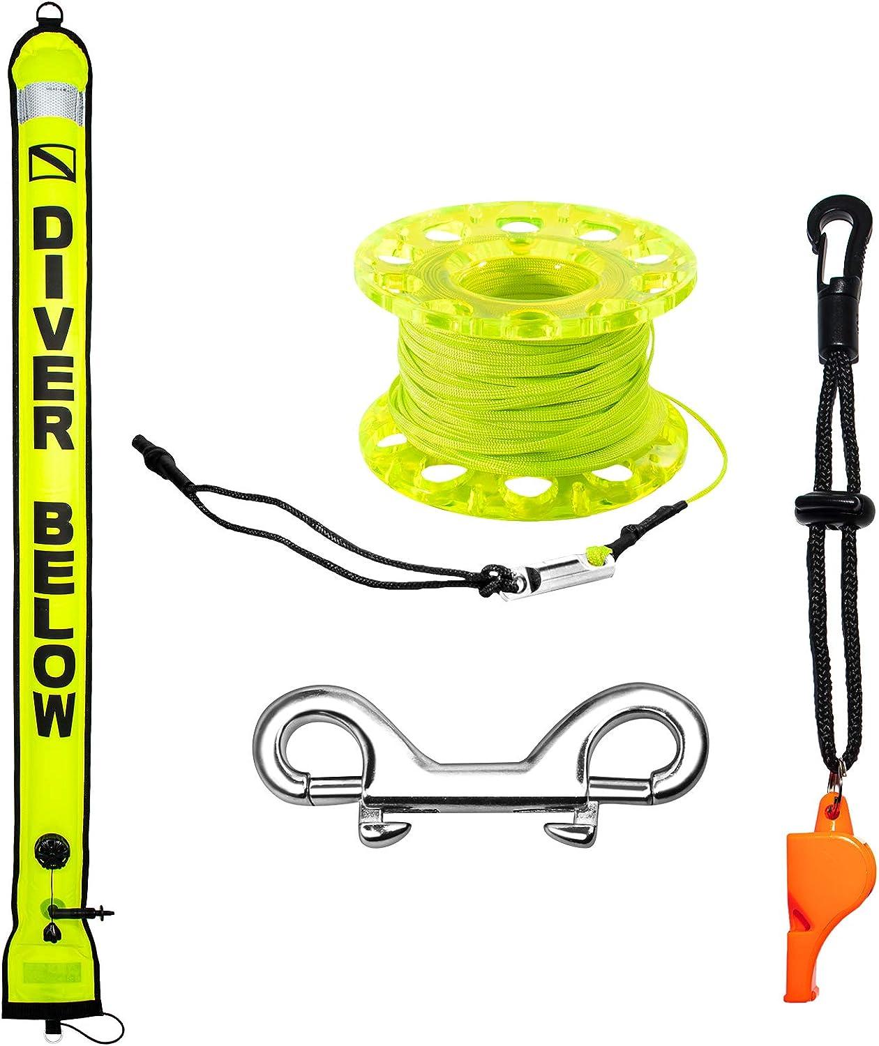 5ft Scuba Diving Surface Marker Buoy (SMB), Safety Sausage with Plastic 98ft  Finger Spool Reel and Double Ended Hook Clip + Emergency Whistle for  Underwater Diving Yellow