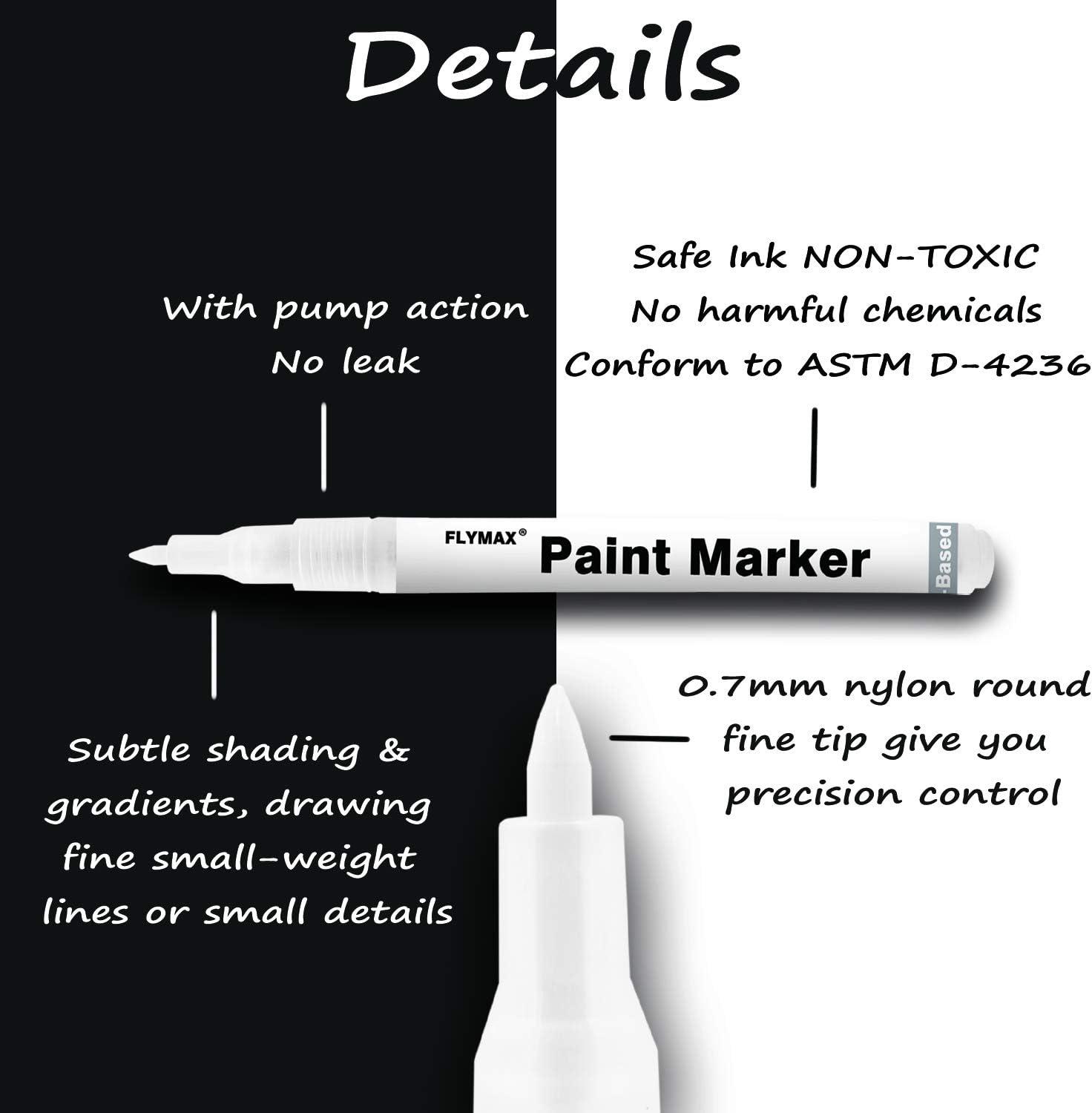 Flymax white paint pen, 6 pack 0.7mm acrylic white permanent marker white  paint pens for