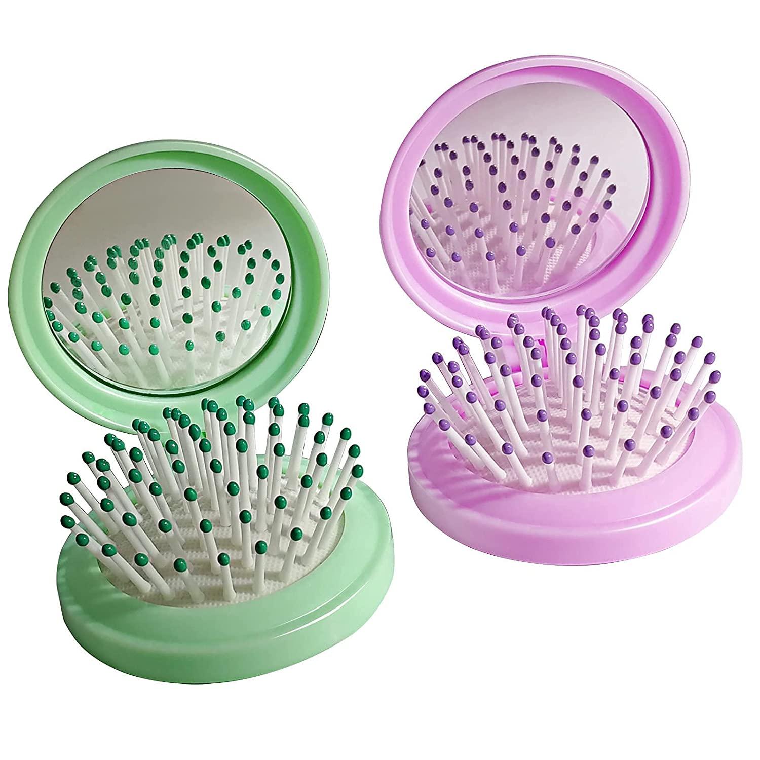 Folding Hair Brush with Mirror,Round Mini Compact Massage Comb for Purse/ Pocket,Travel Size for Girls and Women (Purple+Green)