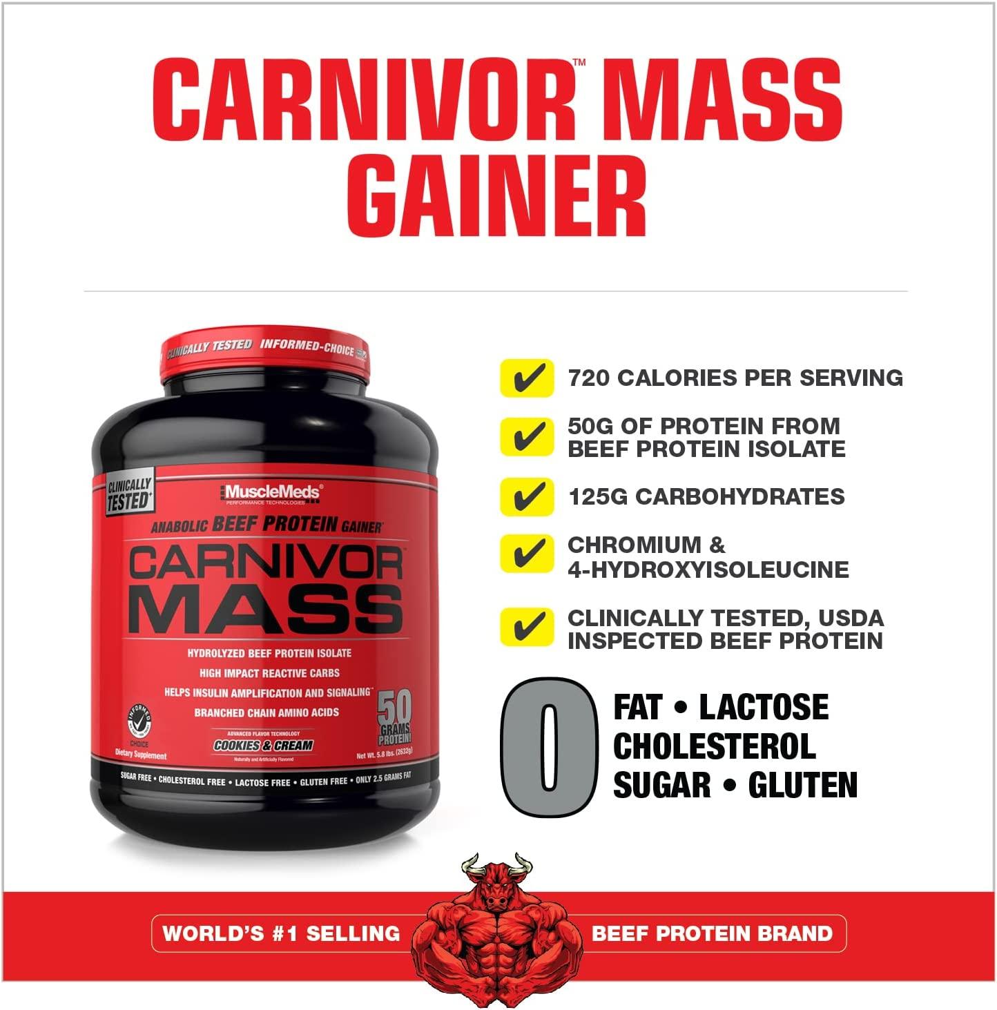 MuscleMeds Carnivor Mass Gainer Beef Protein Isolate Shake Cookies & Cream 6 lb 50g Protein