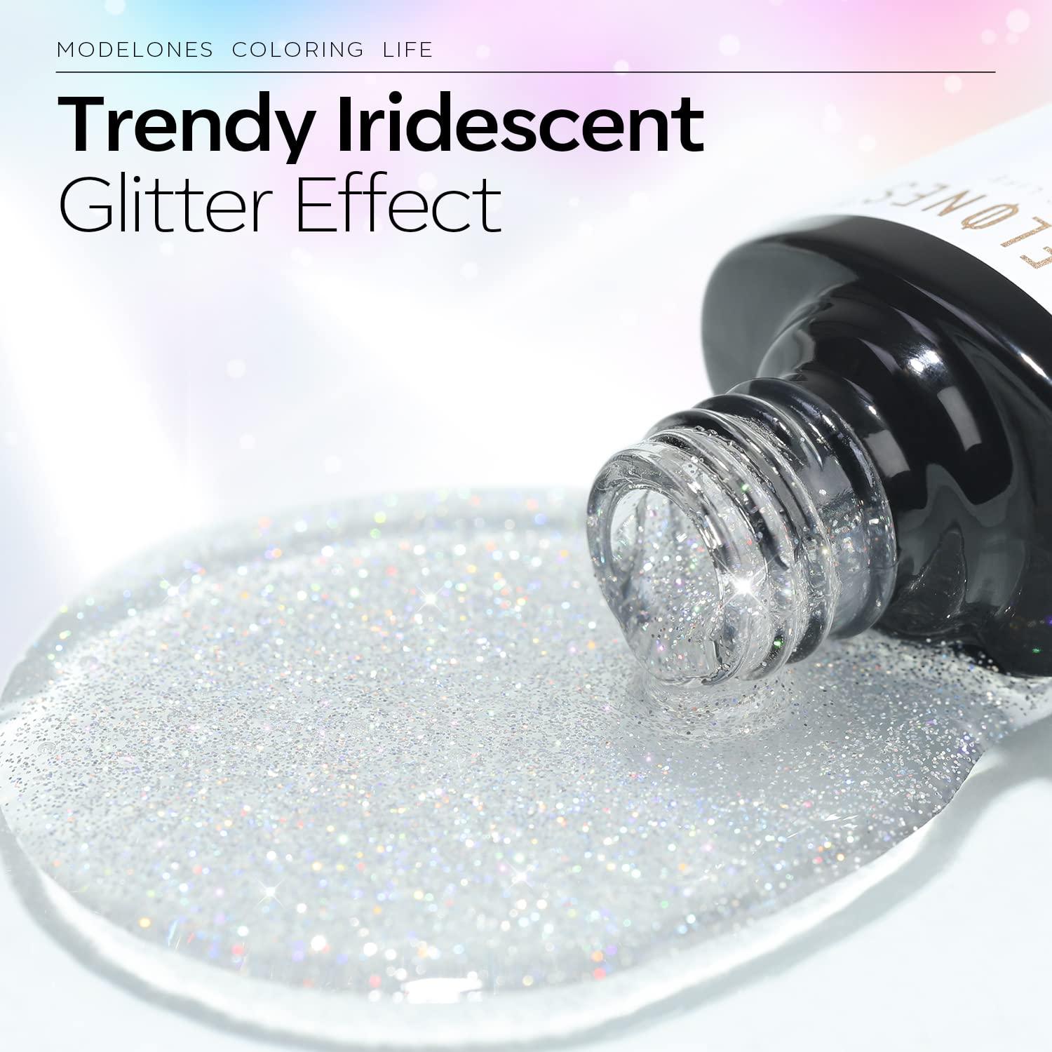 Modelones Glitter Gel Top Coat, Iridescent Silver Mix Glitter No Wipe Top Coat Gel Glossy