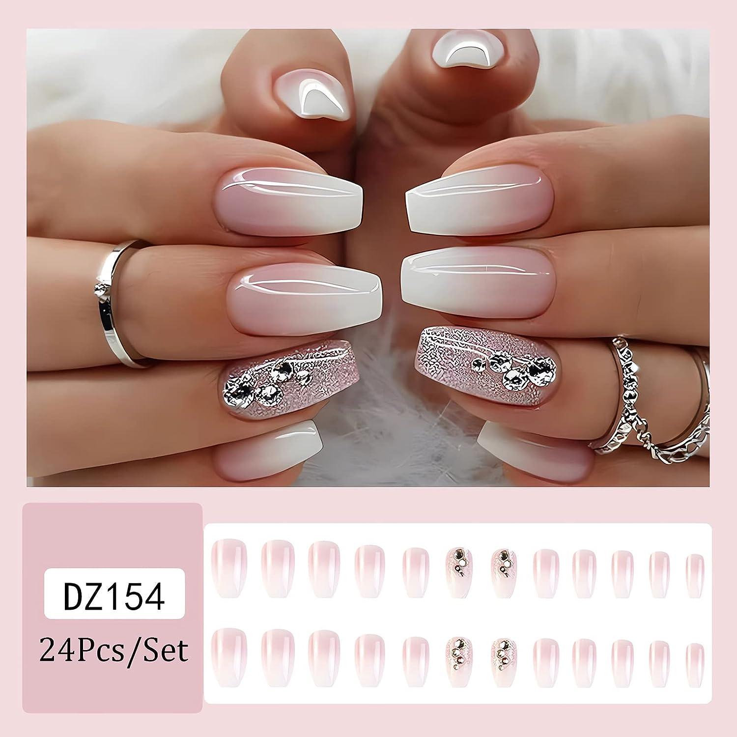  24Pcs Designs Rhinestone Nails Red Coffin Nails with