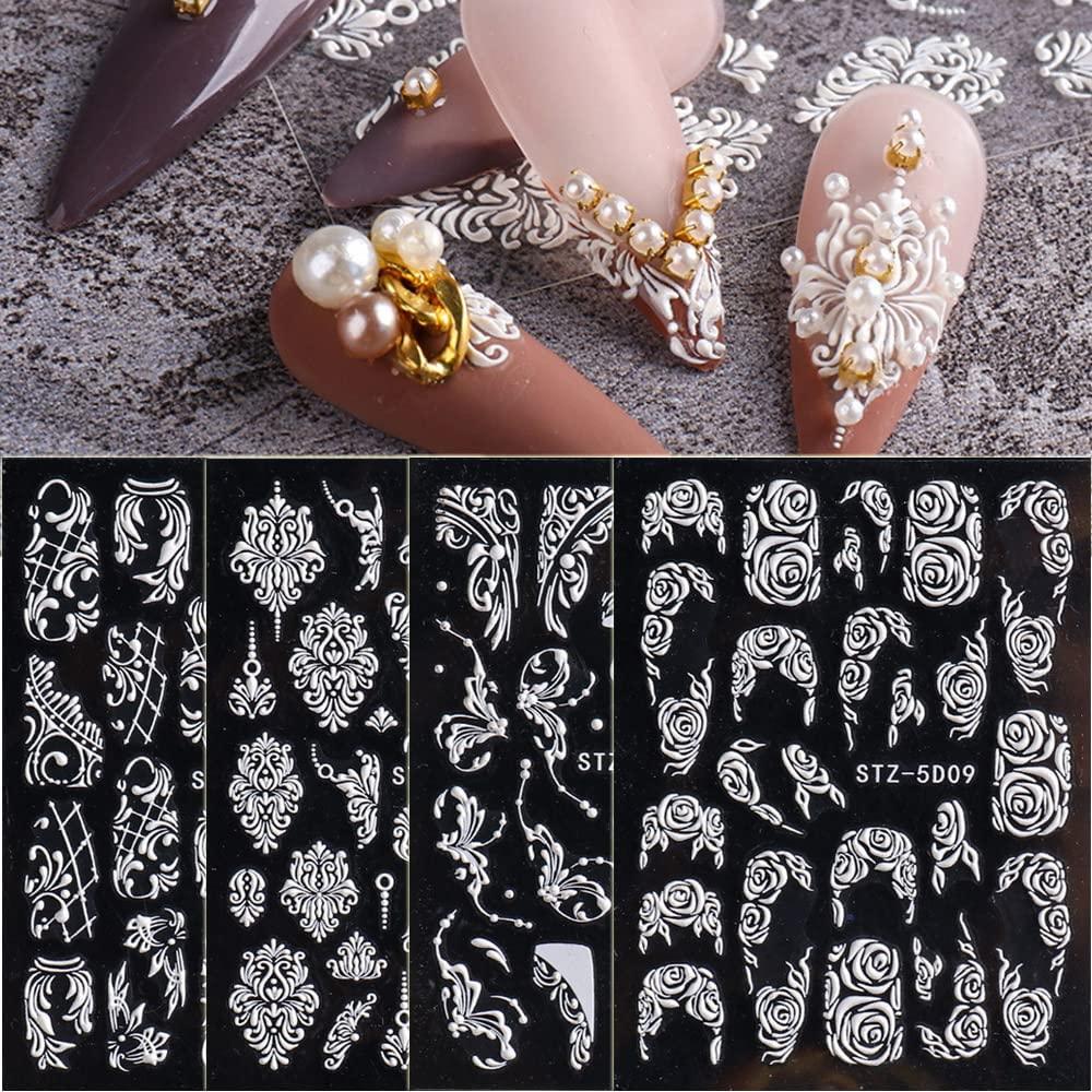 Flower Nail Stickers - 5D White Flowers Nail Art Decals Self-Adhesive  Embossed Floral Rose Nail Art Supplies French Nail Designs DIY Wedding  Manicure Decorations for Women Girls - 4 Sheets Flower9-12