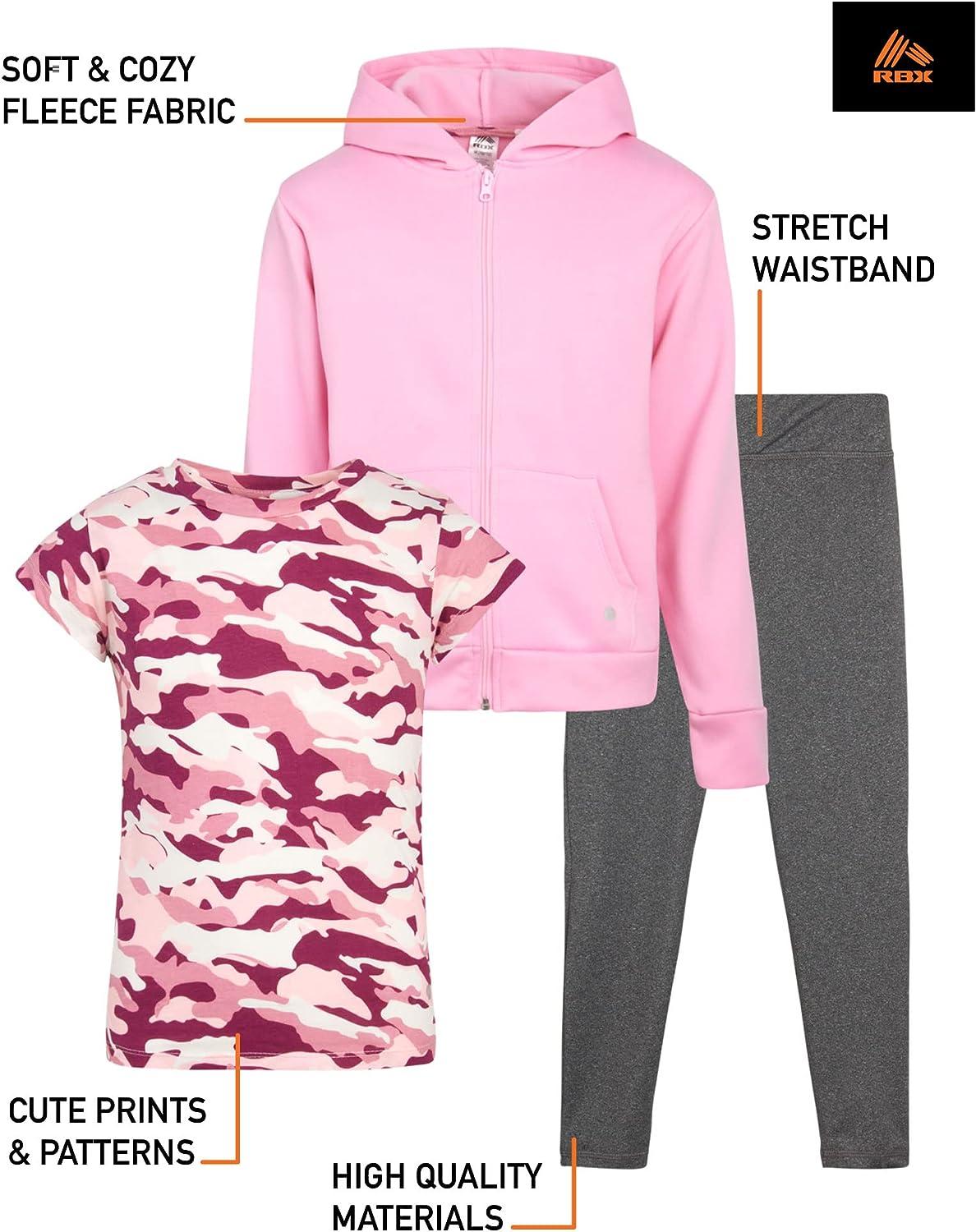 RBX Girls Leggings Set - 3 Piece Fleece Zip Hoodie Sweatshirt, T-Shirt, and  Yoga Pants (Size: 4-16) Pink Grey Camo 14-16
