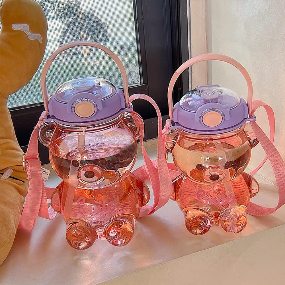 Bear Straw Bottle, Bear Water Bottles with Adjustable Shoulder Strap Cute  Stickers,Portable Drinking Cup for Girls Boys School Office Travel