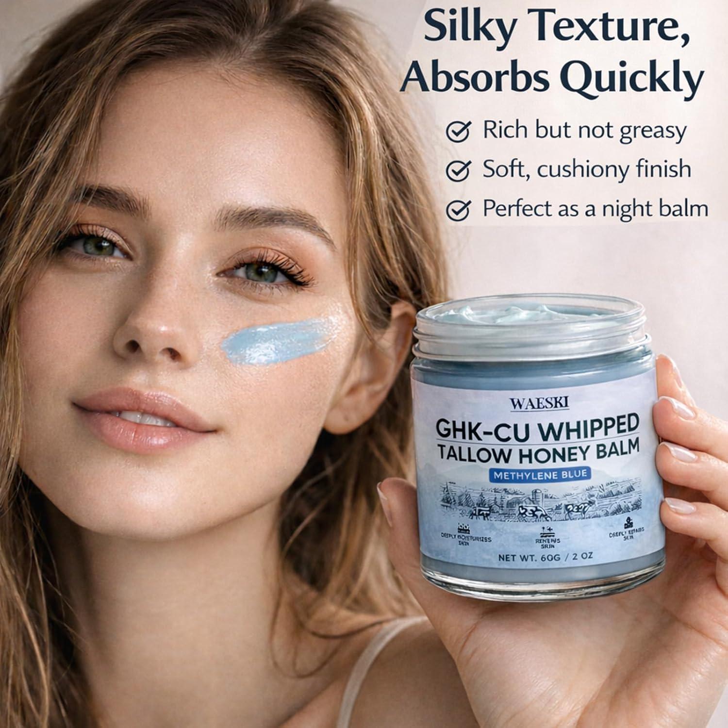 WAESKI Ghk-Cu Whipped Tallow Honey Balm Ghk-Cu Peptide Cream with Methylene  Blue Contains Manuka Honey and Grass-Fed Beef Tallow Repair Skin Barrier  Nourish Dry Skin 2 Oz (1 PCS)