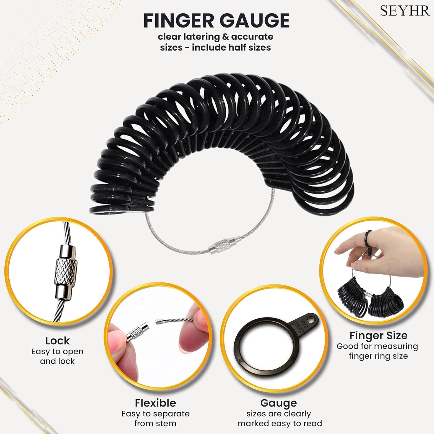 SEYHR Ring Sizer Measuring Tool Set with Ring Mandrel US Size 1-13 EU 41-76  Black Ring Sizing Kit & Transparent Ring Sizer Adjuster for Loose Rings  with Microfiber Polishing Cloth (Black - Pack of 7)