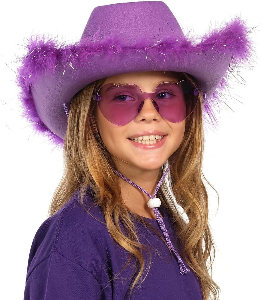 Funcredible Purple Cowgirl Hat with Glasses - Halloween Cowboy Hat with  Feathers - Cow Girl Costume Accessories - Fun Bride Western Rodeo Party Hats  and Goggles for Women, Girls and Kids